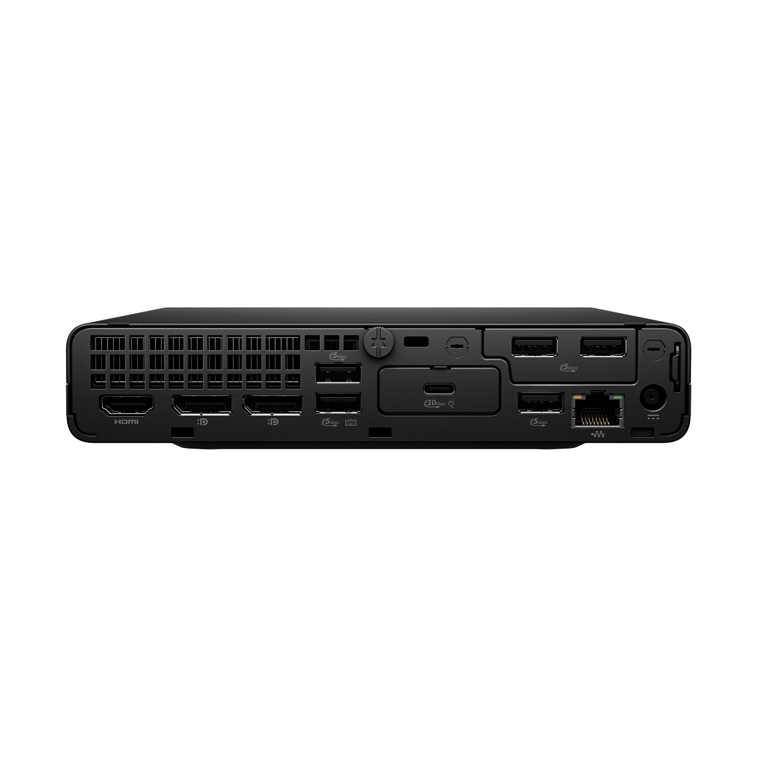 Pannello posteriore di un computer nero: HDMI, 2 DisplayPort, USB-C, USB-A, Ethernet, alimentazione.