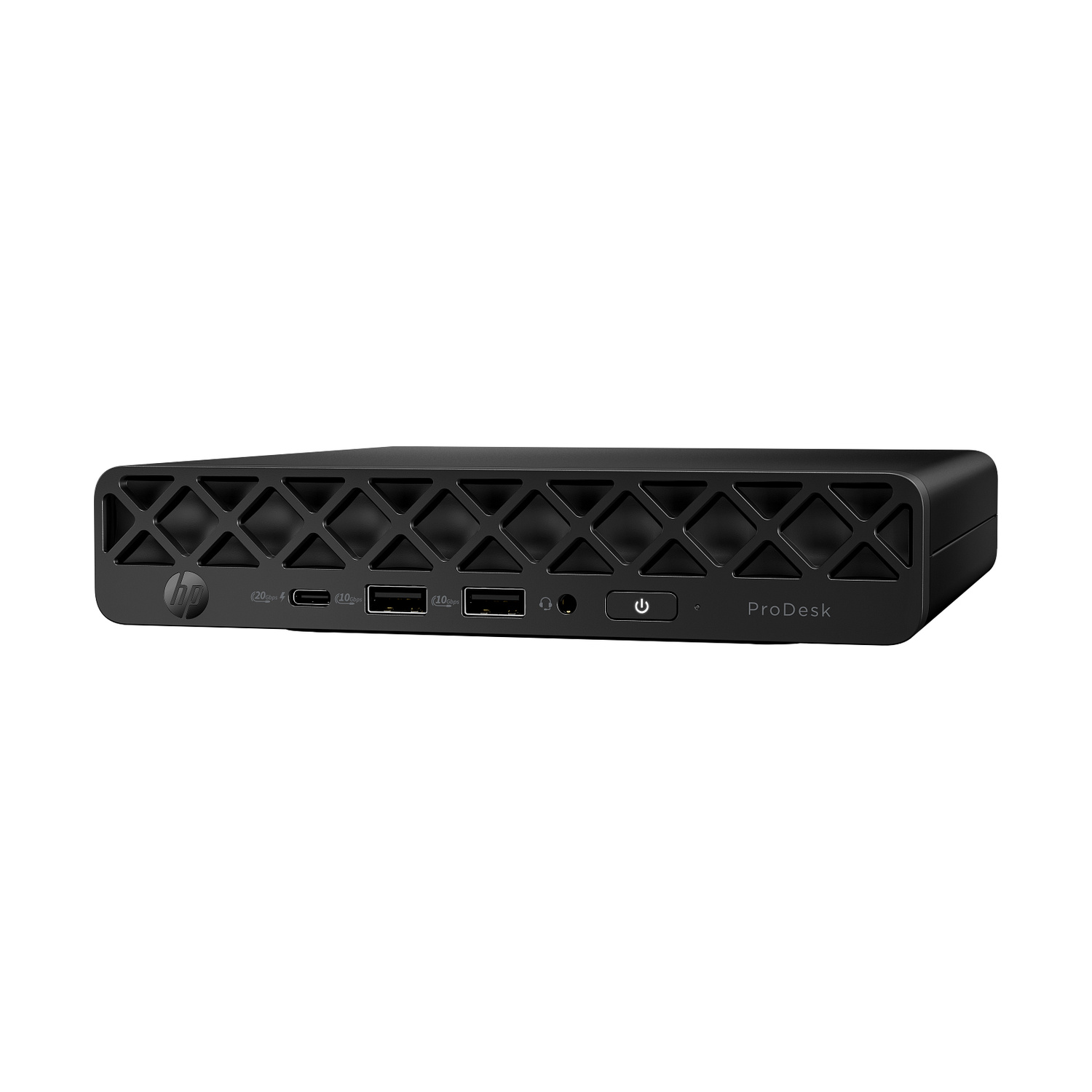 Mini PC HP ProDesk nero con griglia di ventilazione a rombi e porte.