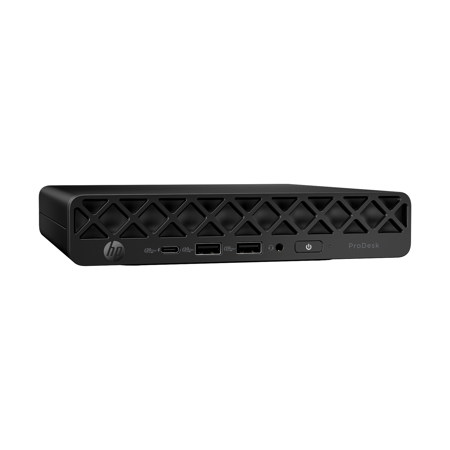 Mini PC HP ProDesk nero con porte USB-C, USB-A, jack cuffie e pulsante di accensione.