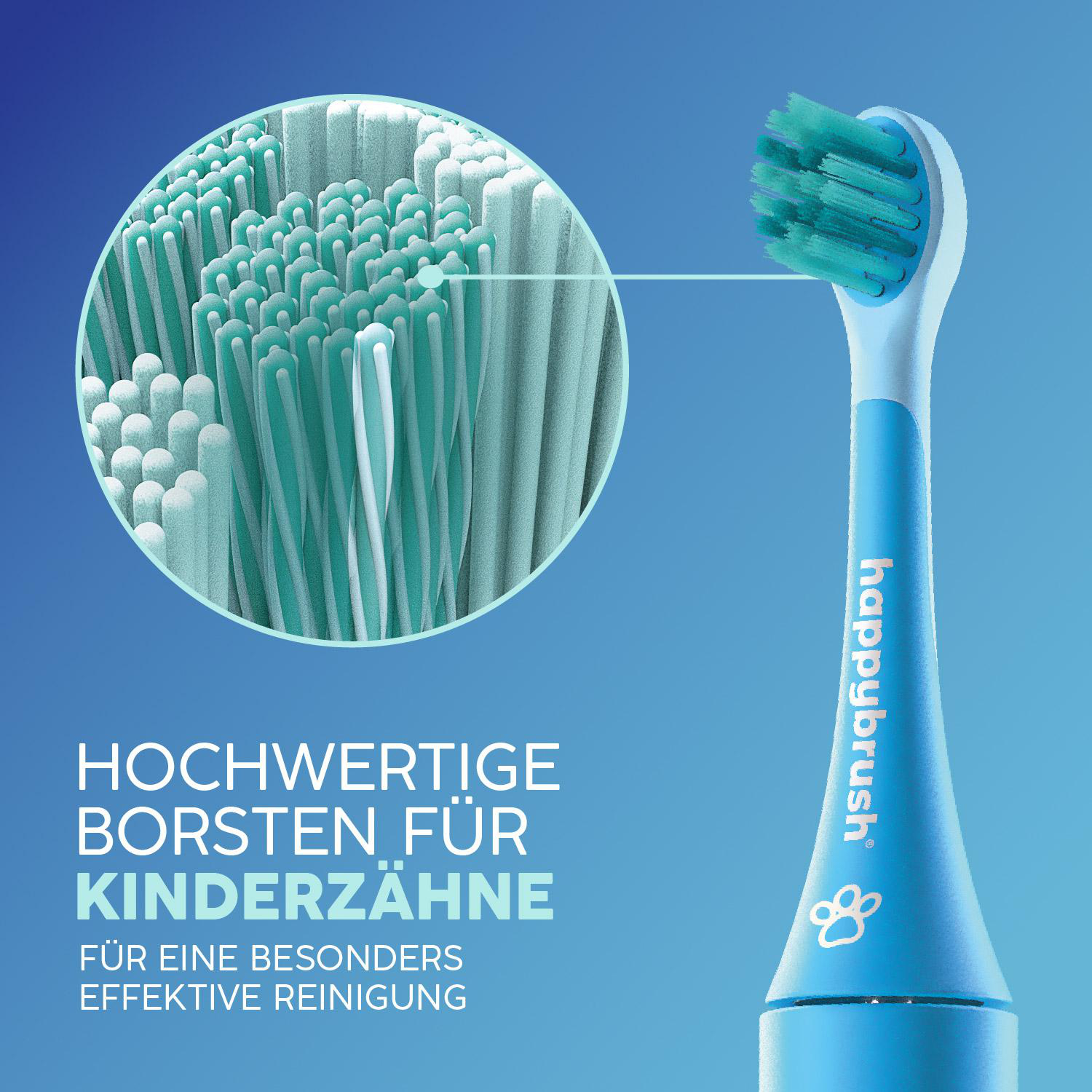 Nahaufnahme einer blauen Zahnbürste mit dem Logo Happybrush. Detail der Borsten.