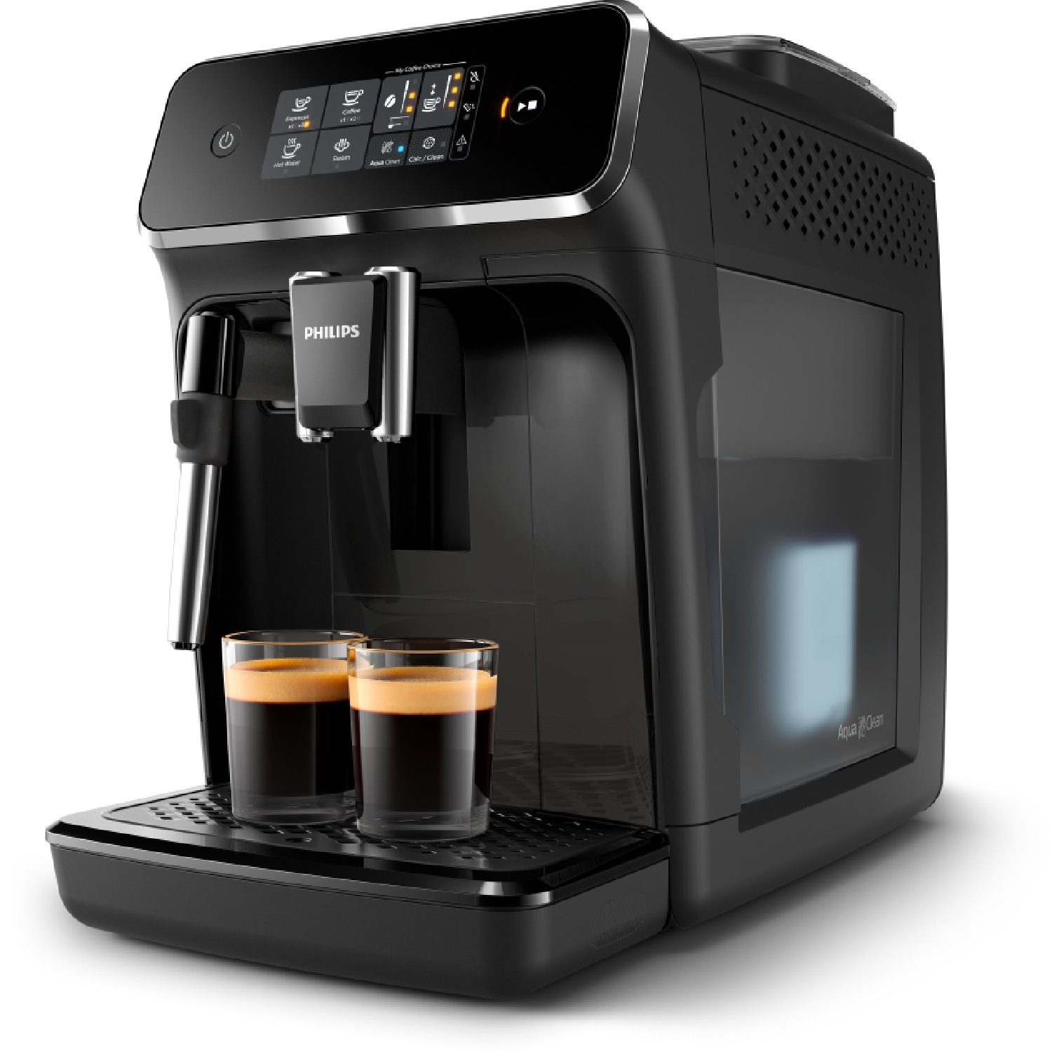 Cafetera Philips negra con dos tazas de espresso llenas de café.