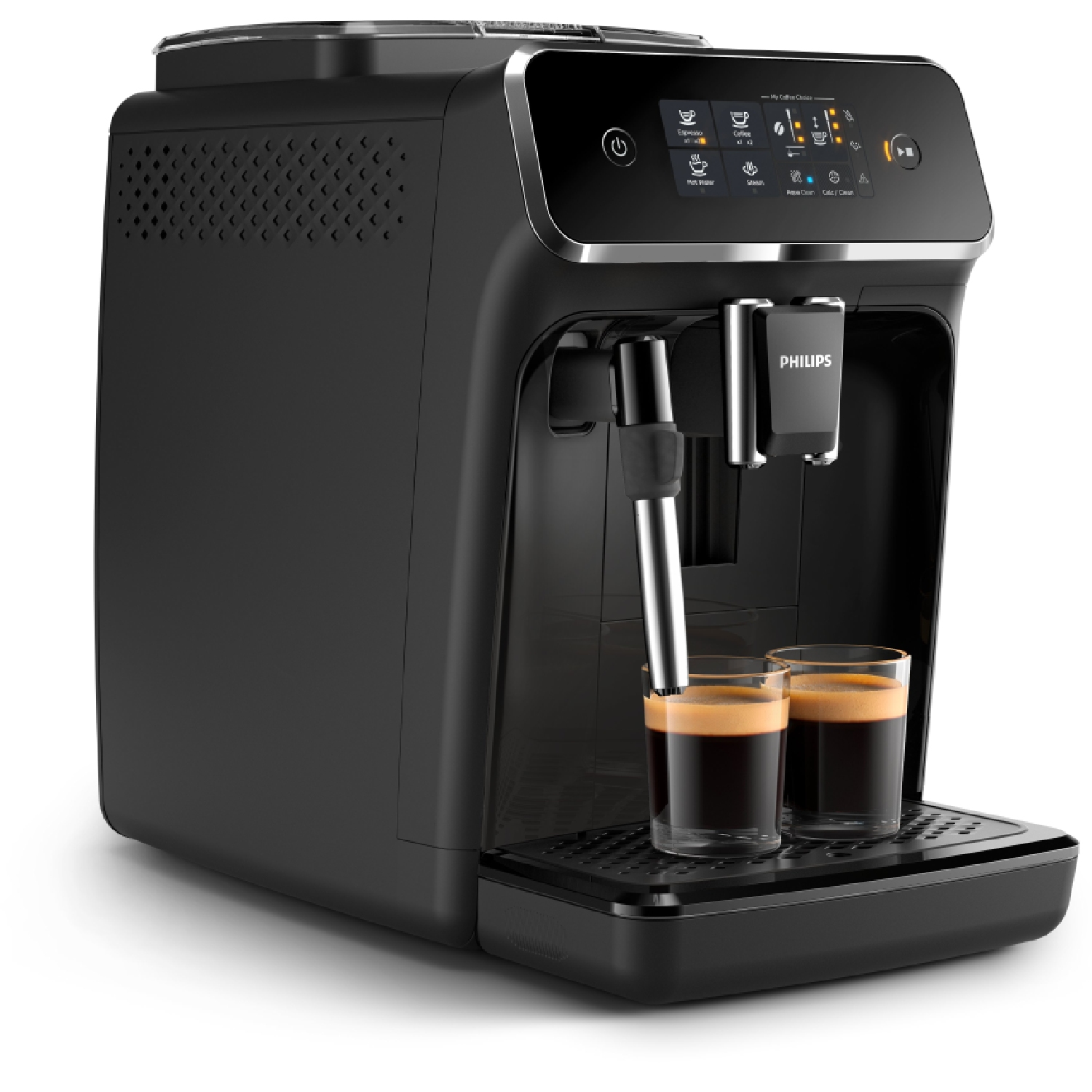 Cafetera negra preparando dos espressos en vasos, con panel de control táctil.