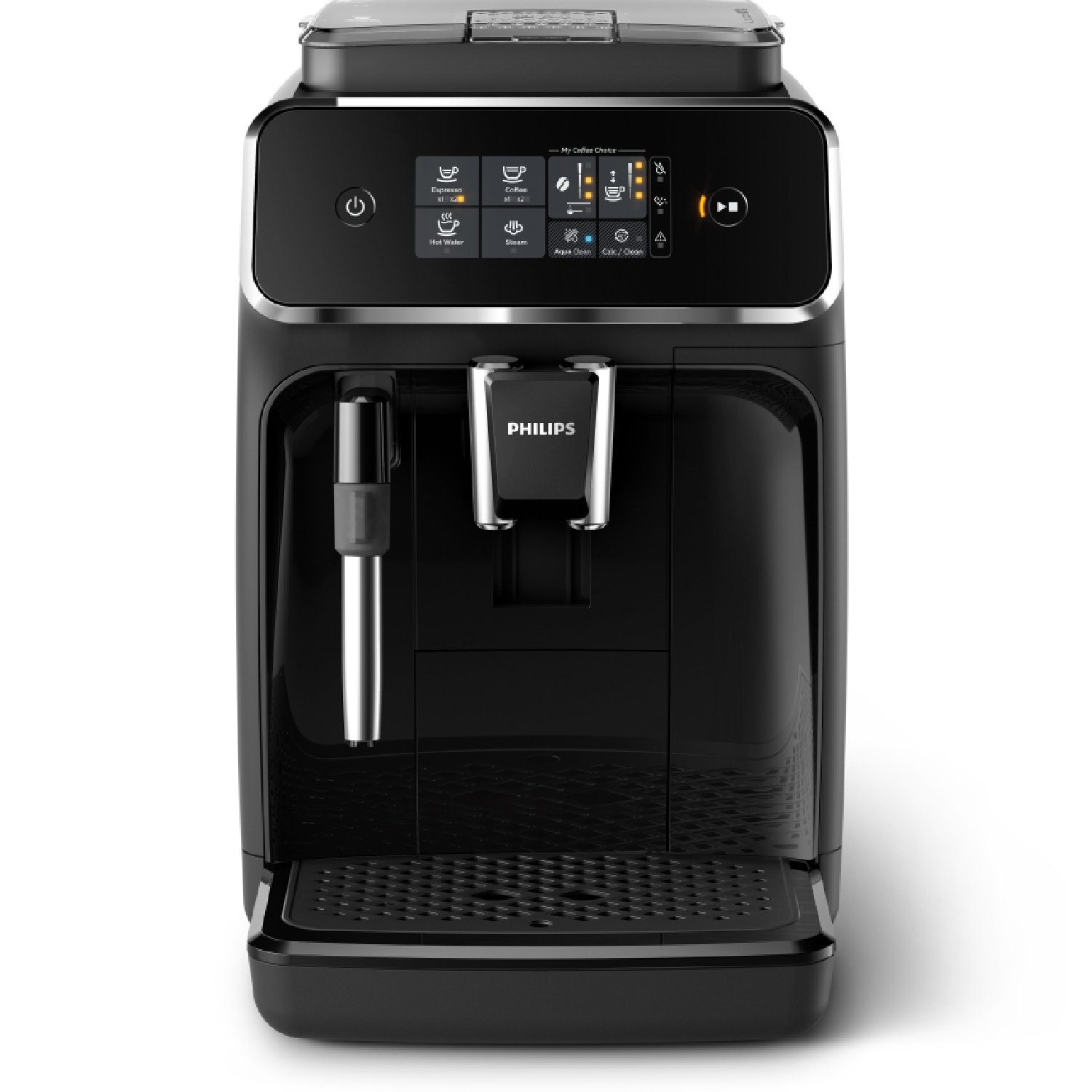 Cafetera negra con pantalla táctil, vaporizador de leche y bandeja de goteo.