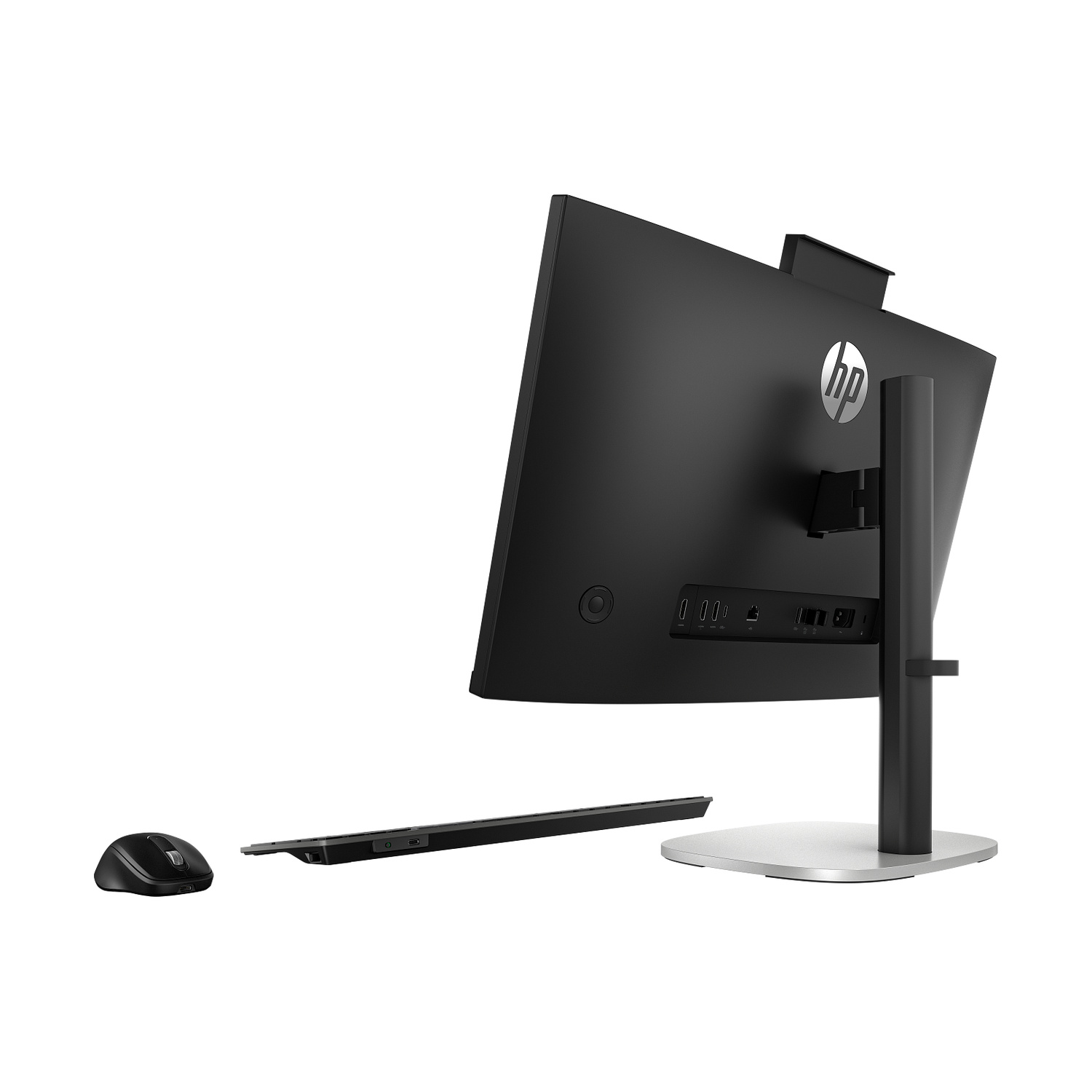 Computer all-in-one HP nero con tastiera e mouse, visto da dietro.