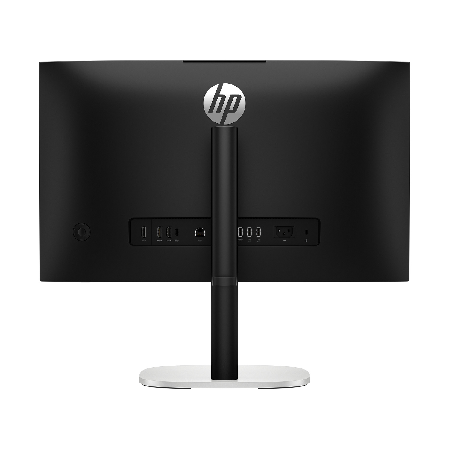 Retro di un computer all-in-one HP nero con porte e supporto argentato.