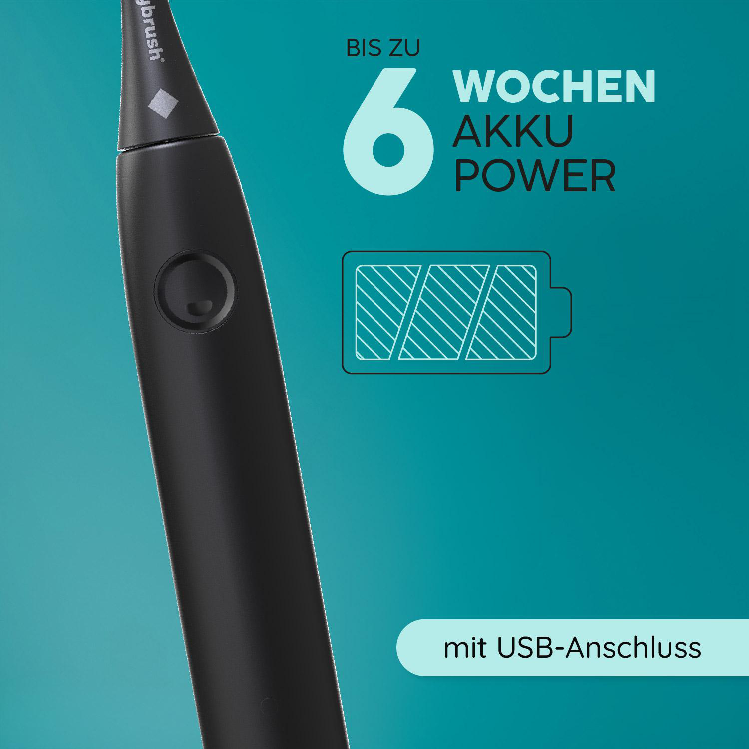 Schwarze Zahnbürste mit 6 Wochen Akku-Power und USB-Anschluss.