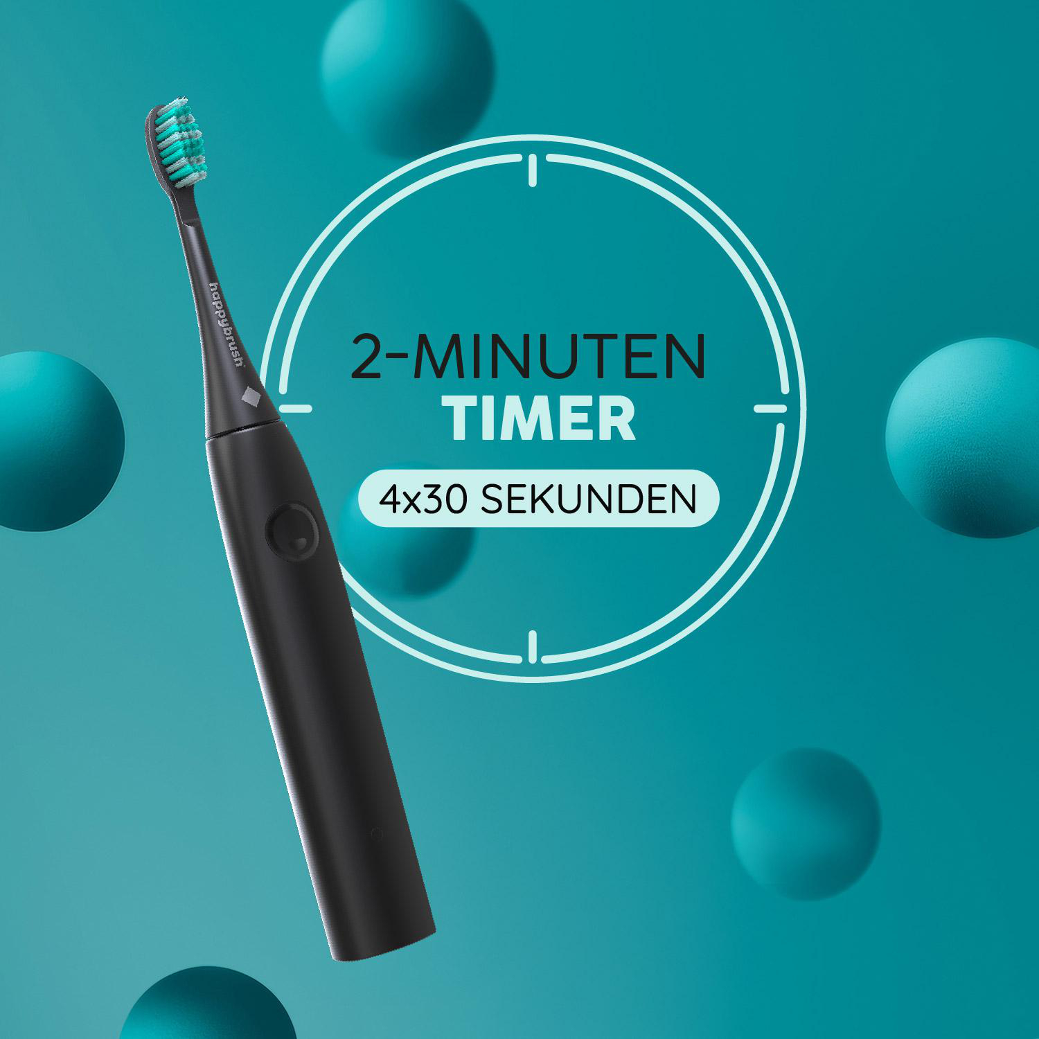 Schwarze elektrische Zahnbürste mit blaugrünem Bürstenkopf, 2-Minuten-Timer.