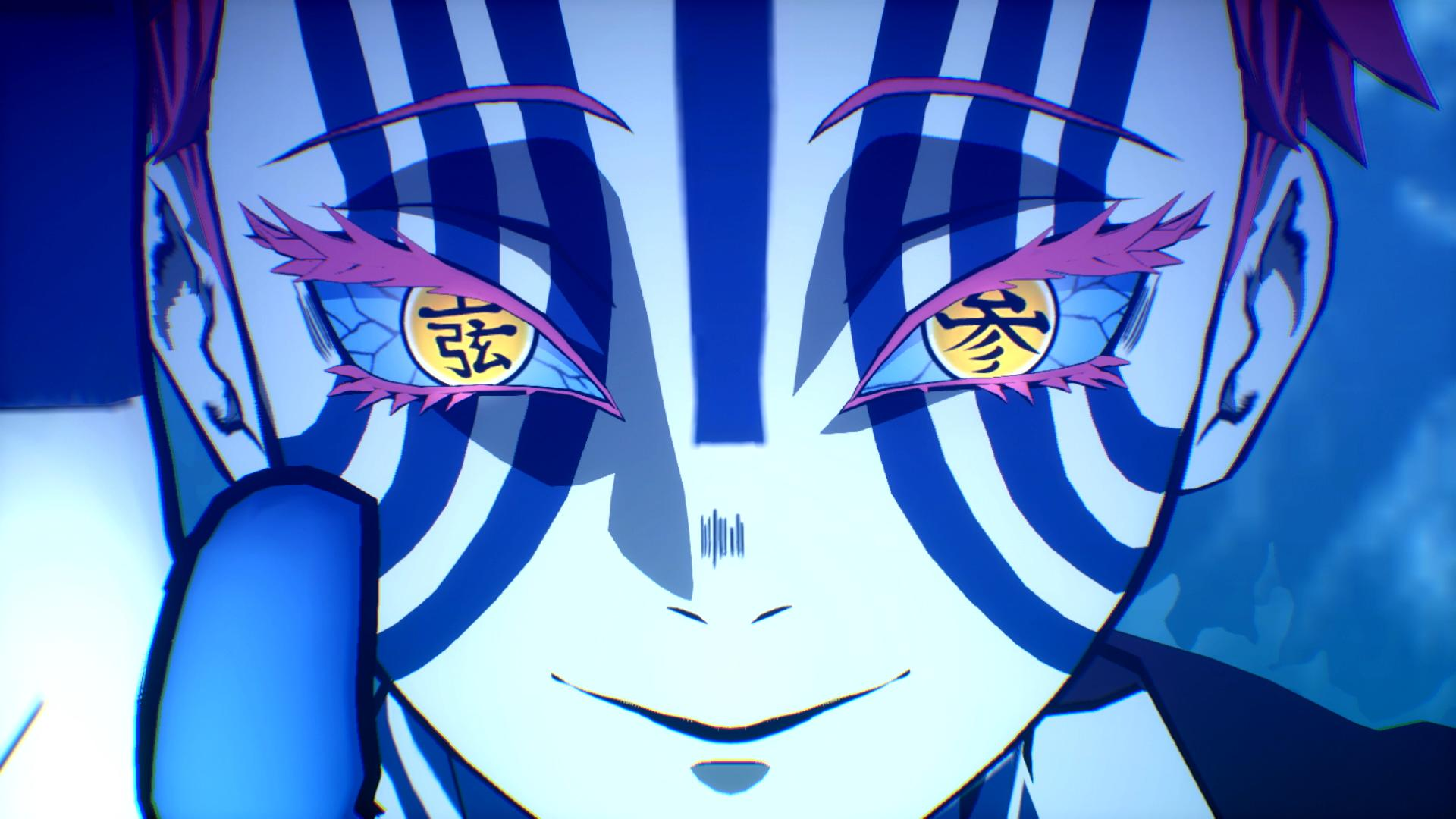 Anime-Charakter mit blauen Streifen im Gesicht und gelben Augen mit Schriftzeichen.