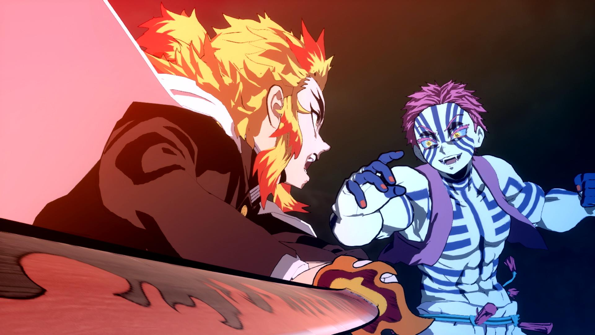 Zwei Anime-Charaktere kämpfen, einer mit feurigem Haar, der andere mit blauen Streifen.