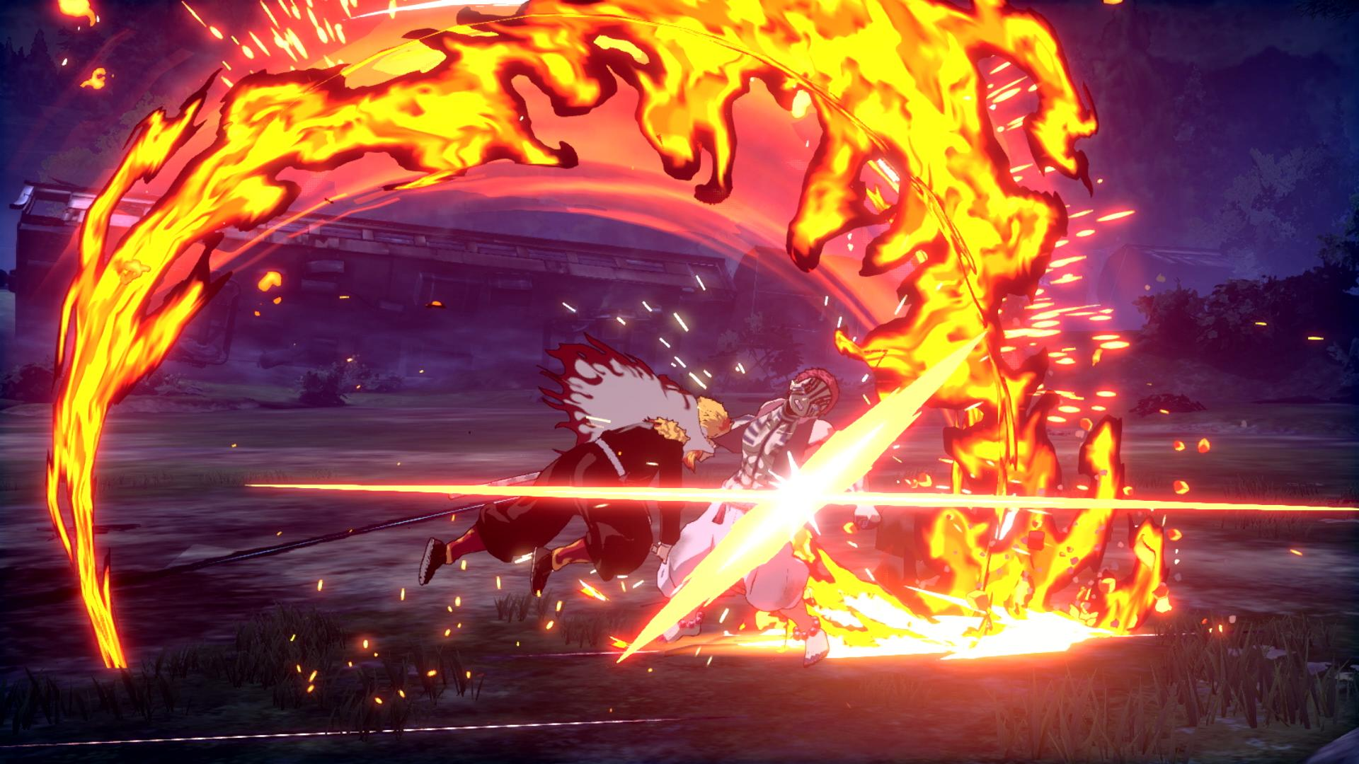 Zwei Anime-Charaktere kämpfen mit Flammen und Schwertern in einer düsteren Landschaft.