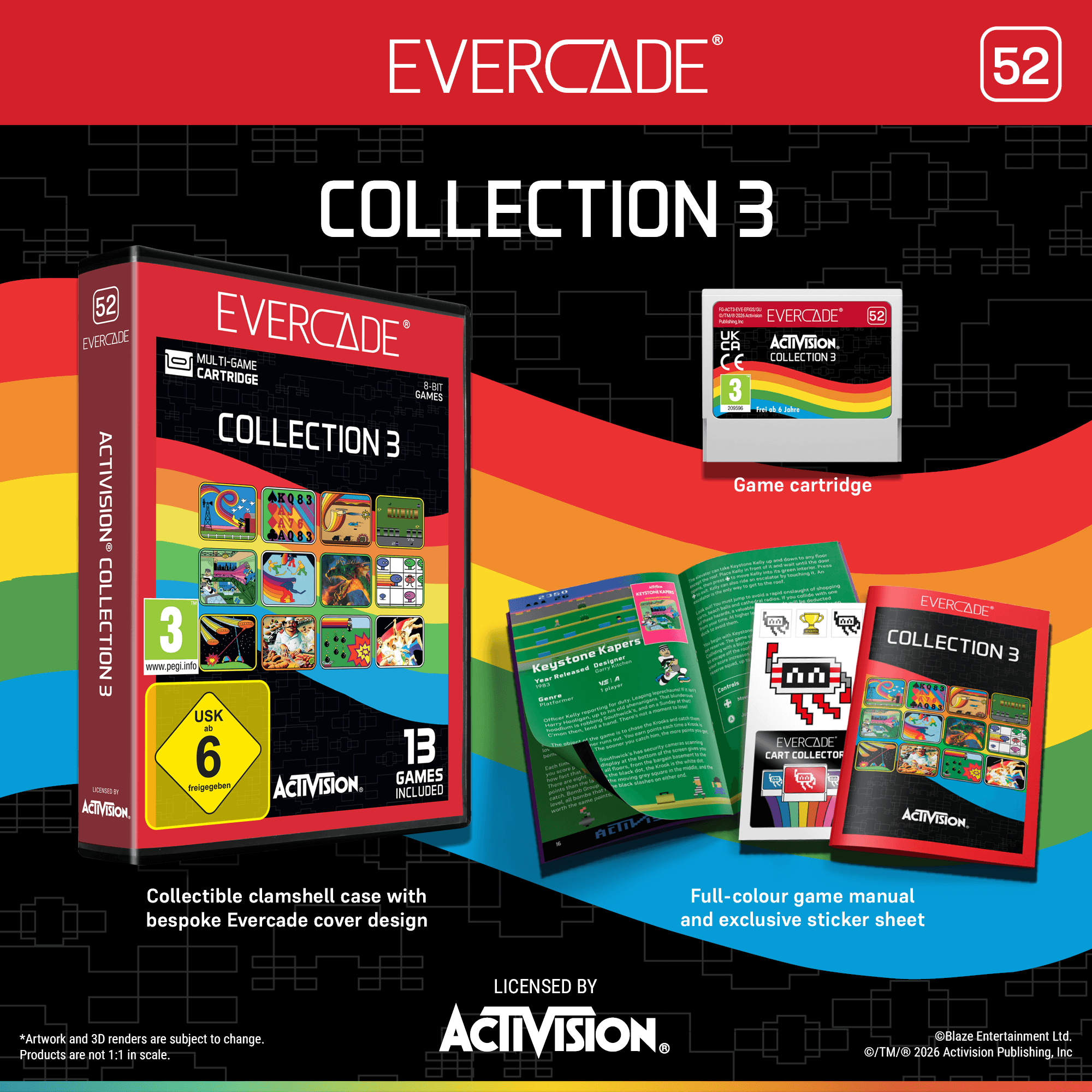 Evercade Collection 3 mit Spielkassette, Handbuch und Aufkleberbogen.