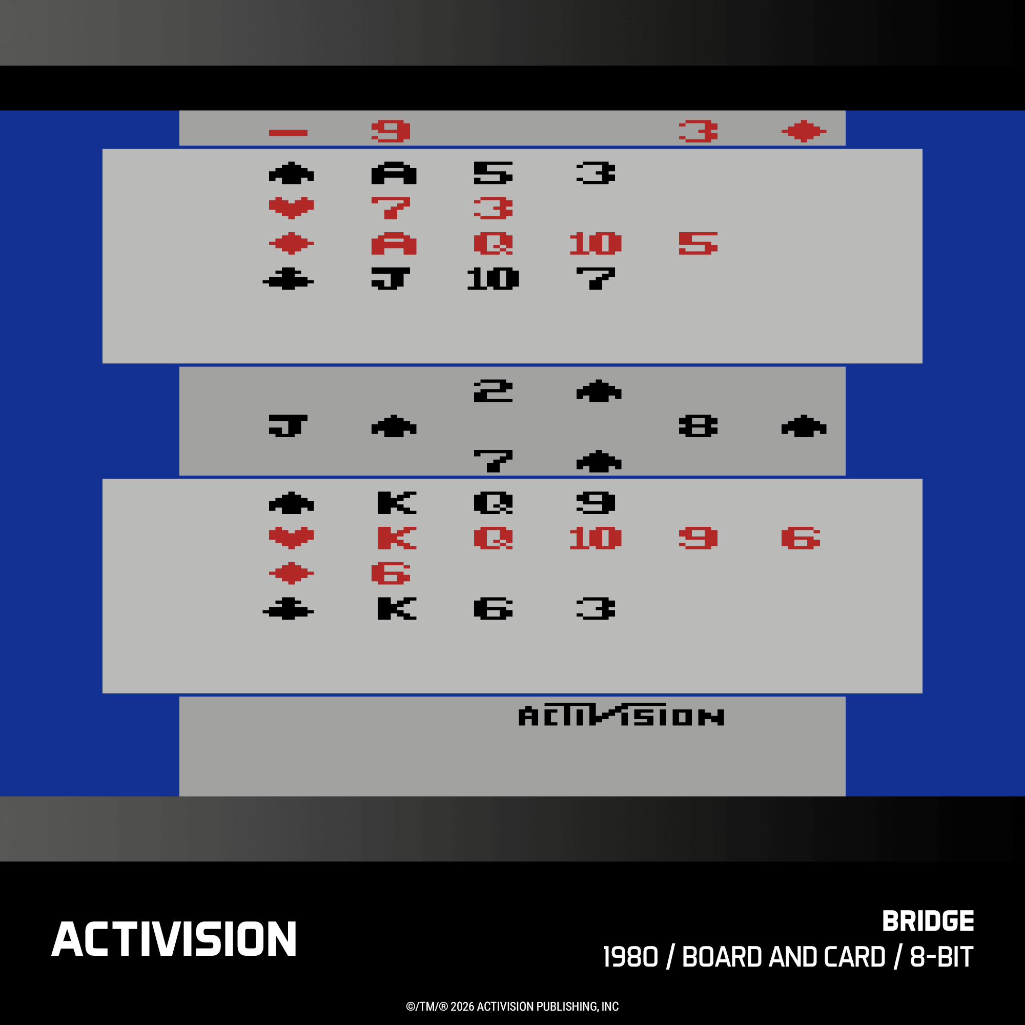 Bildschirm eines 8-Bit-Bridge-Videospiels mit Spielkarten und Zahlen.