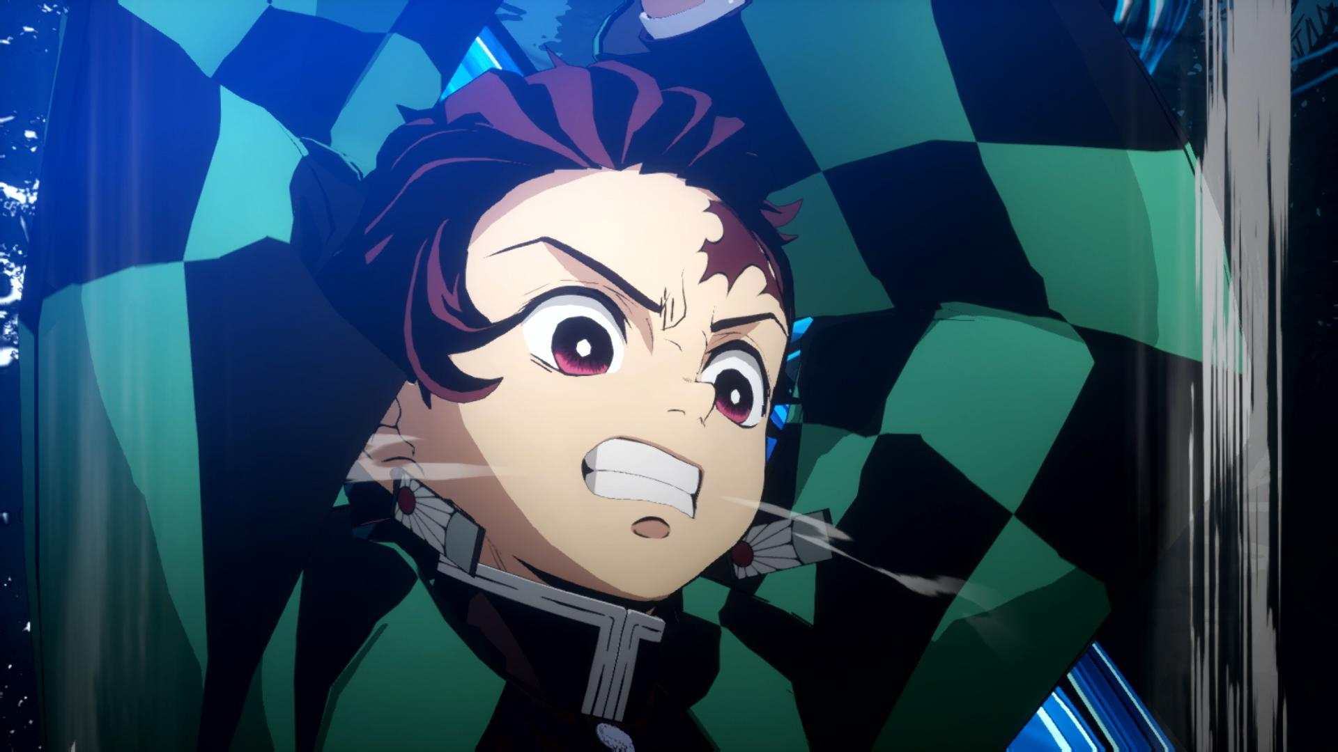 Anime-Junge mit lila Haaren und roten Augen, trägt einen grün-schwarzen karierten Haori.