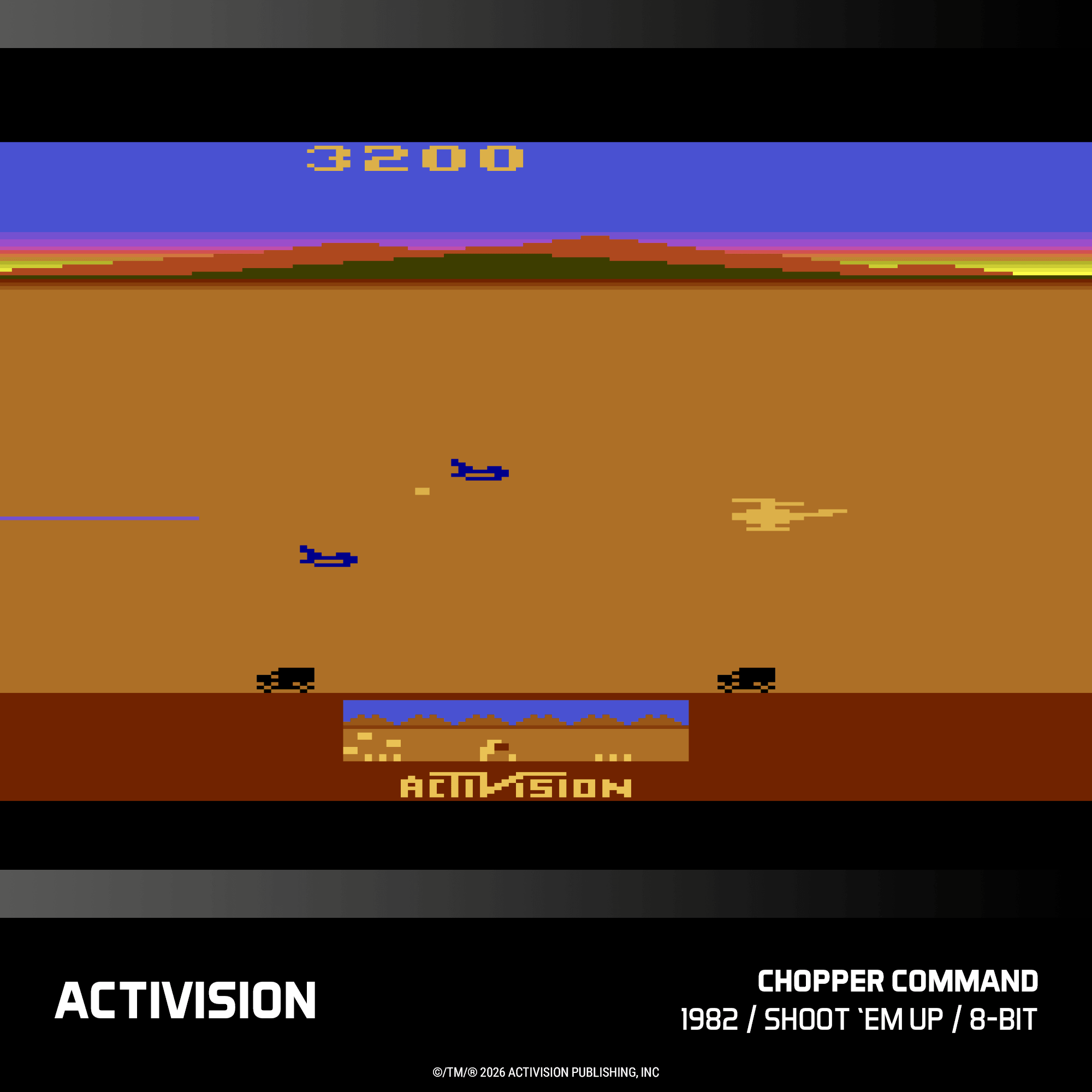 8-Bit-Spielszene mit Hubschraubern, Fahrzeugen und einer Wüstenlandschaft.