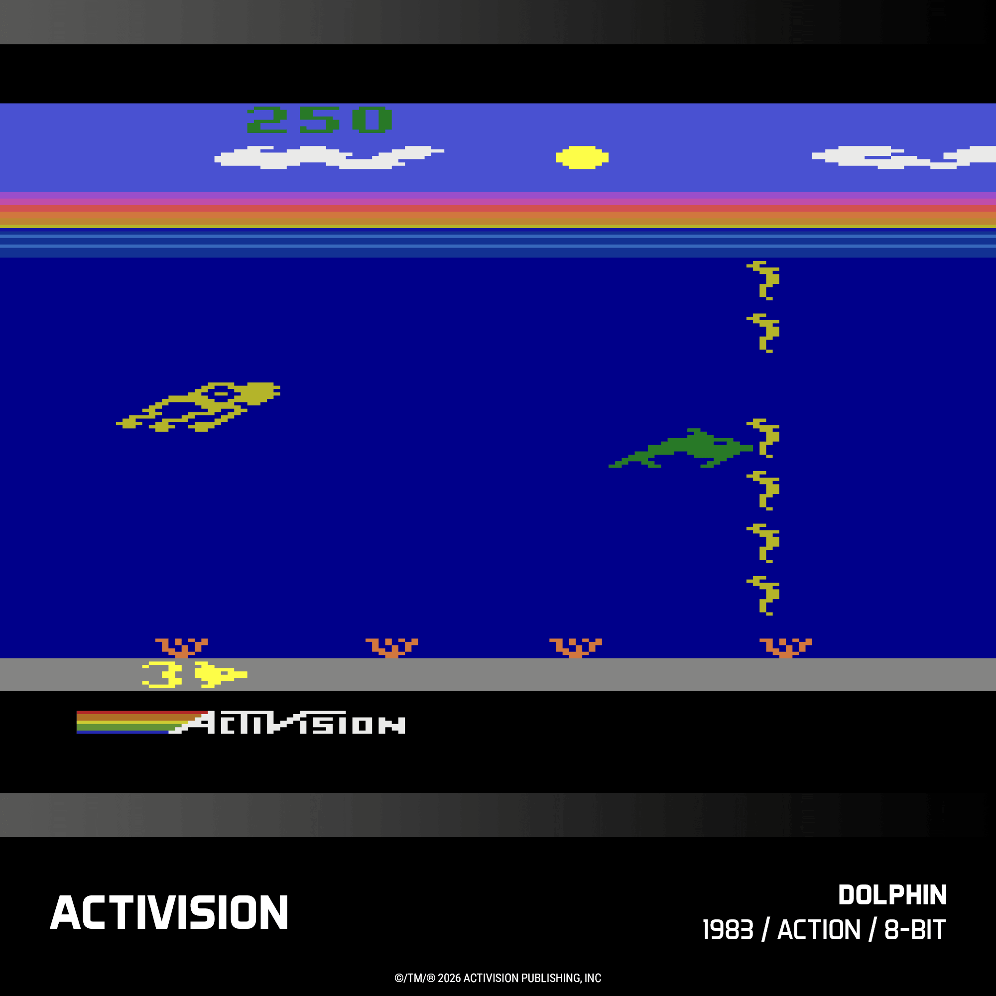 Pixel-Grafik eines Unterwasser-Videospiels mit einem Delfin, Score 250, Himmel und Sonne.