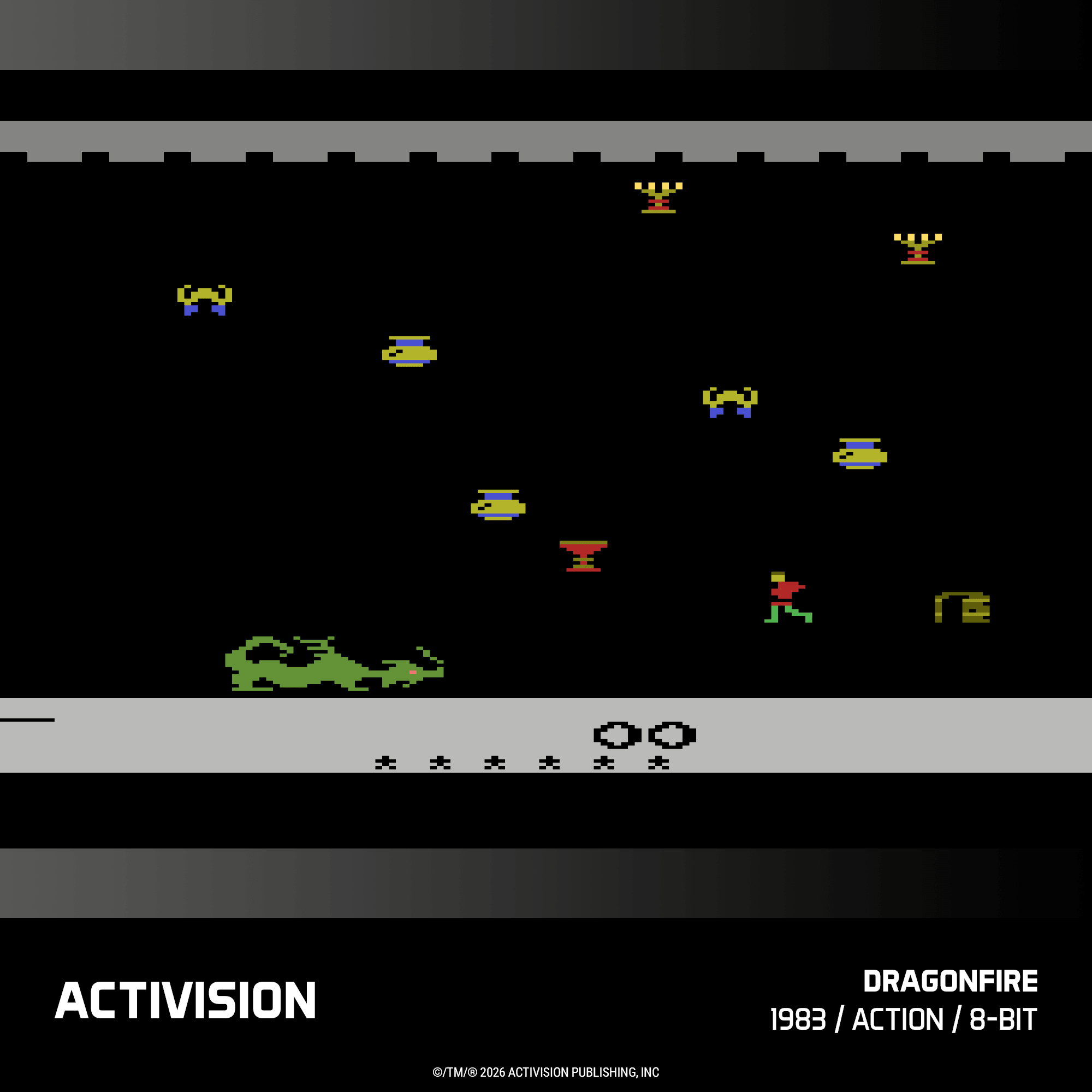 Ein 8-Bit-Computerspiel mit einer grünen Kreatur, einem Läufer und Bechern.