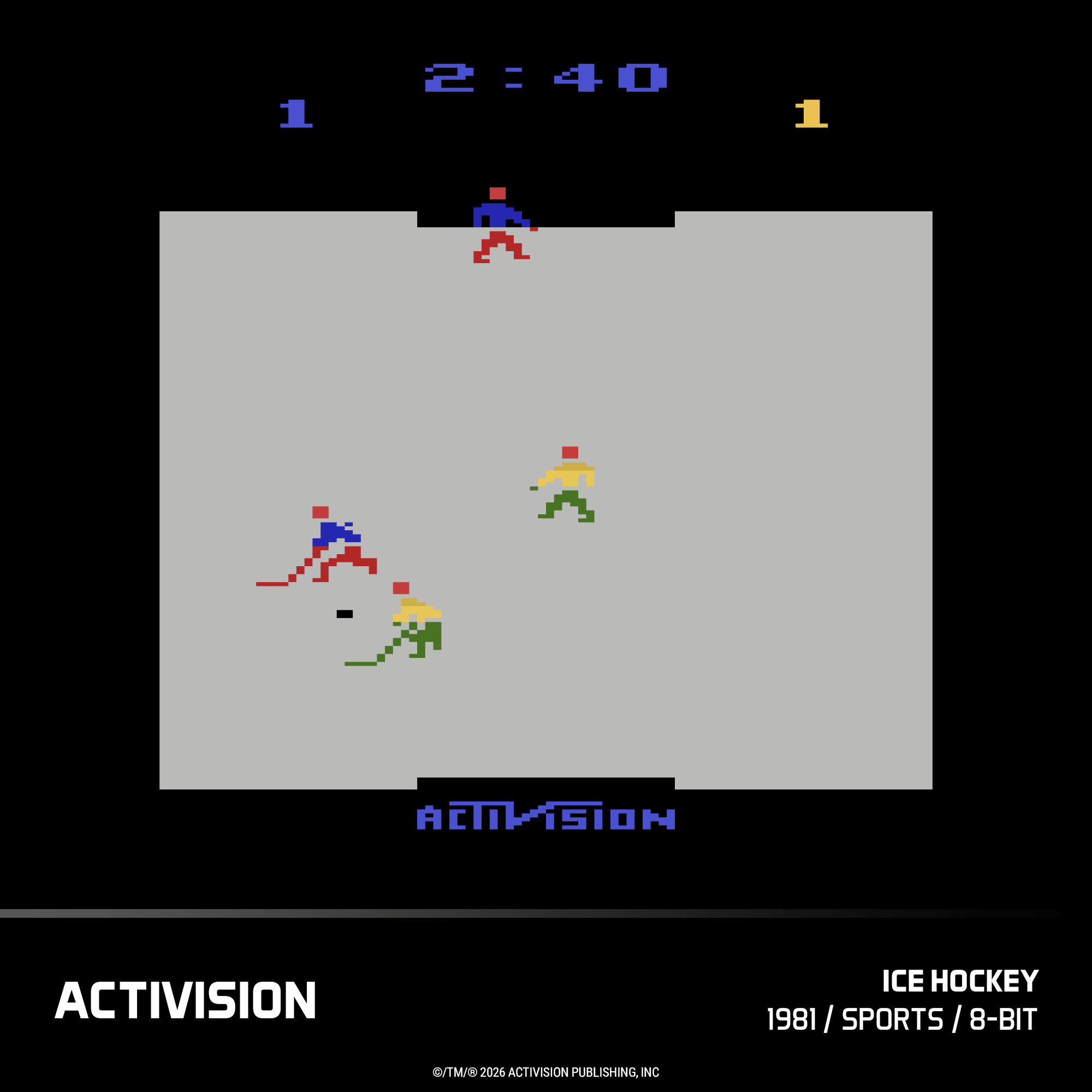 8-Bit-Eishockey-Spiel mit vier Spielern und einer Anzeigetafel.