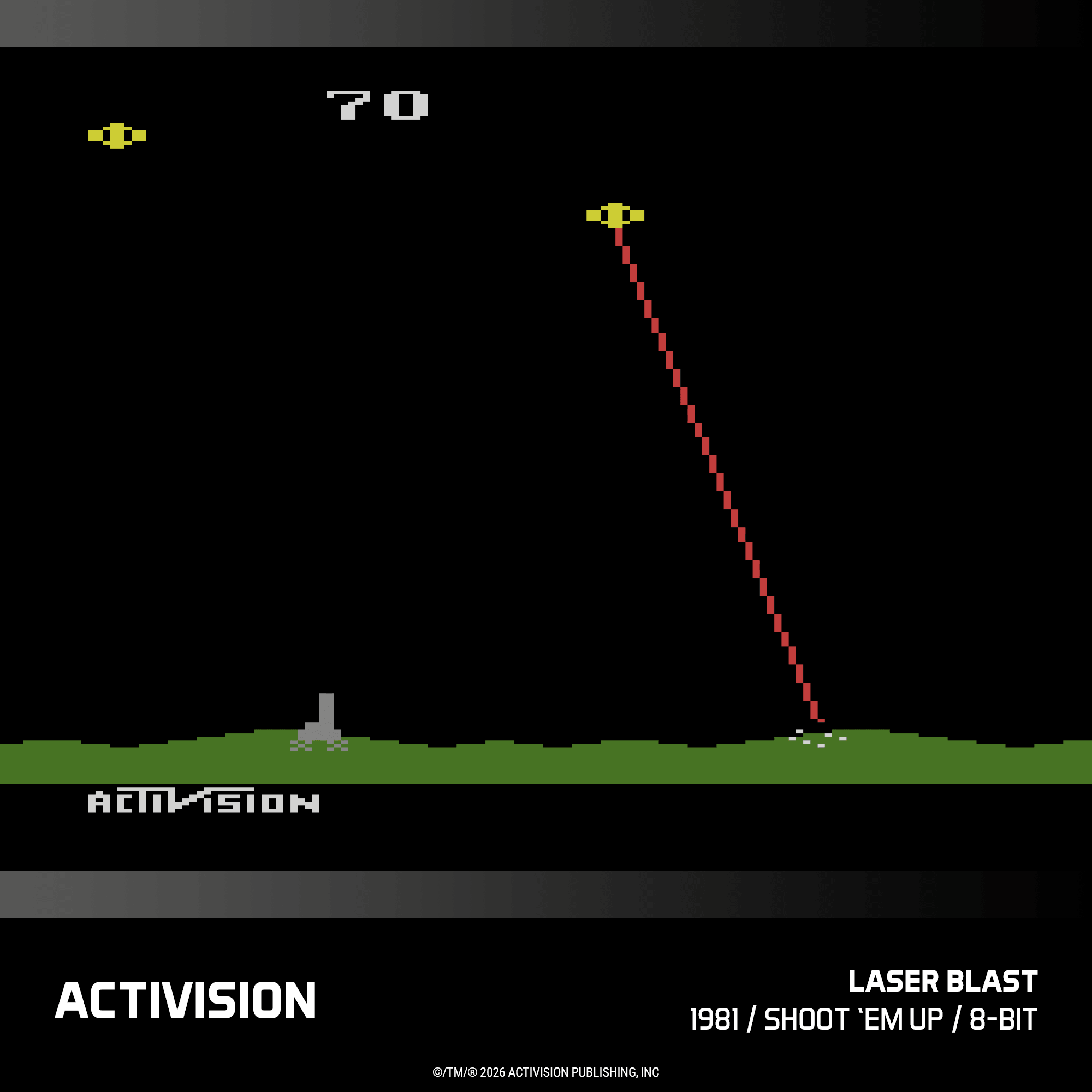 8-Bit-Spielbildschirm: Gelbes Schiff feuert roten Laser auf Bodenziele.