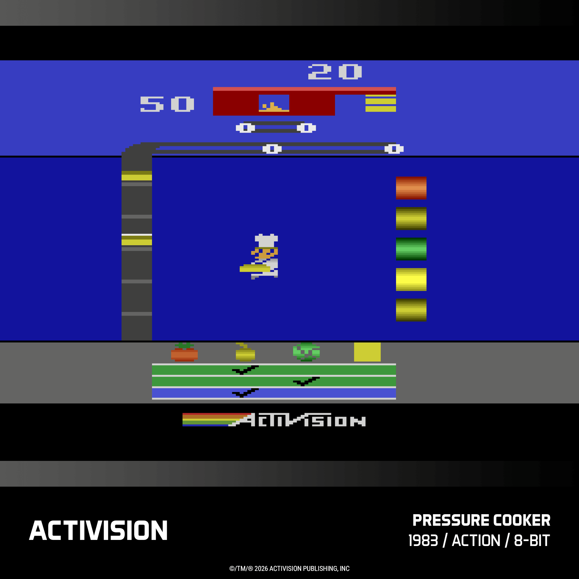 8-Bit-Spiel "Pressure Cooker" von Activision mit Kochfigur auf blauem Hintergrund.