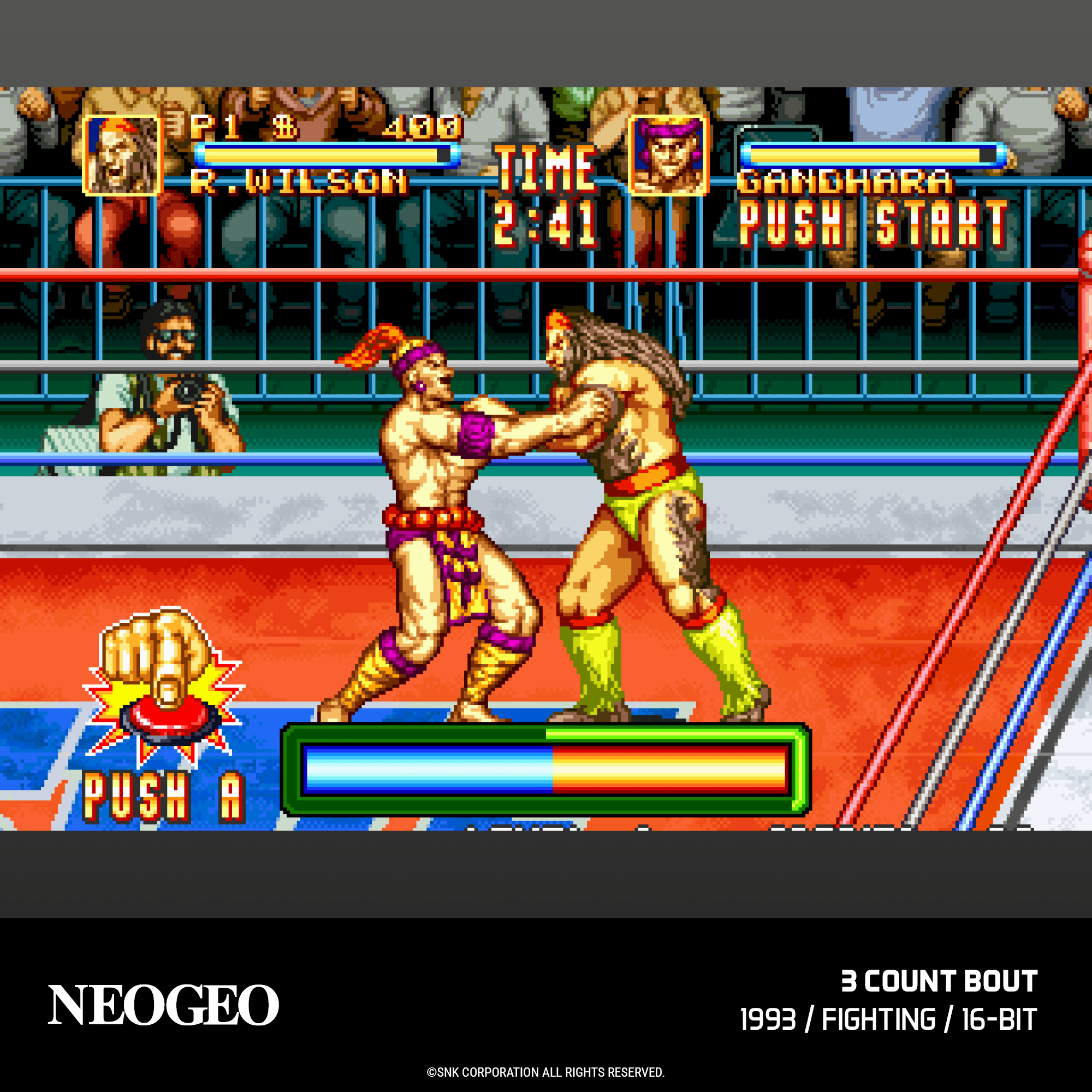 Due combattenti sul ring, punteggio in alto, premi il pulsante A.