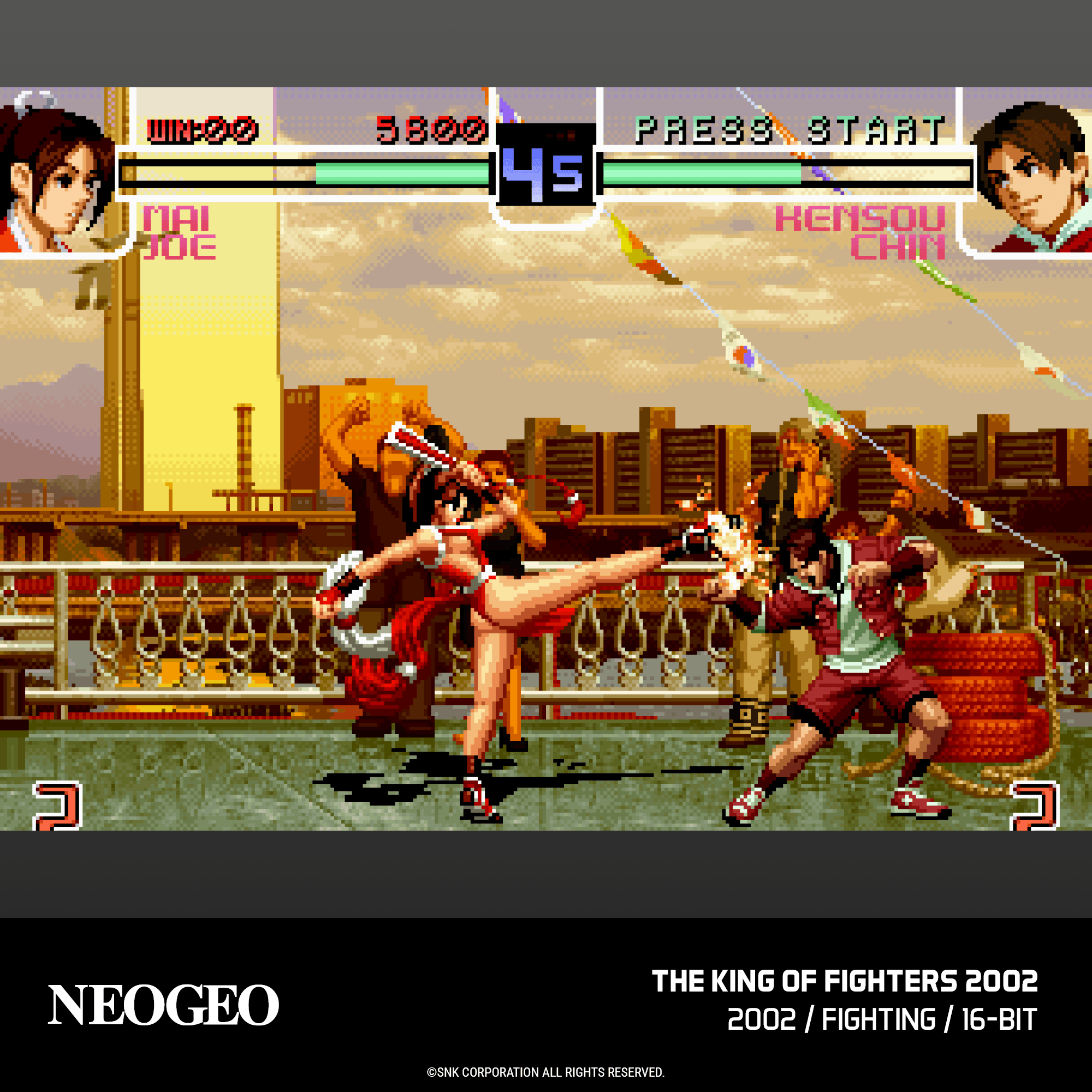 Scena di gioco di combattimento con due combattenti pixellati, Mai Shiranui e Kensou Chin.