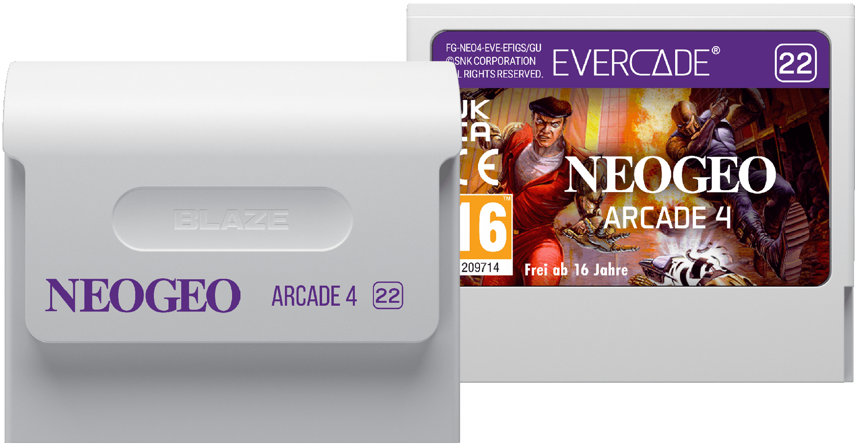 Cartuccia di gioco Evercade per Neogeo Arcade 4, con personaggi e classificazione 16 anni.