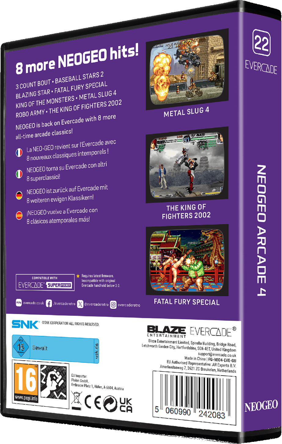 Custodia Evercade con Metal Slug 4, King of Fighters 2002, Fatal Fury Special.
