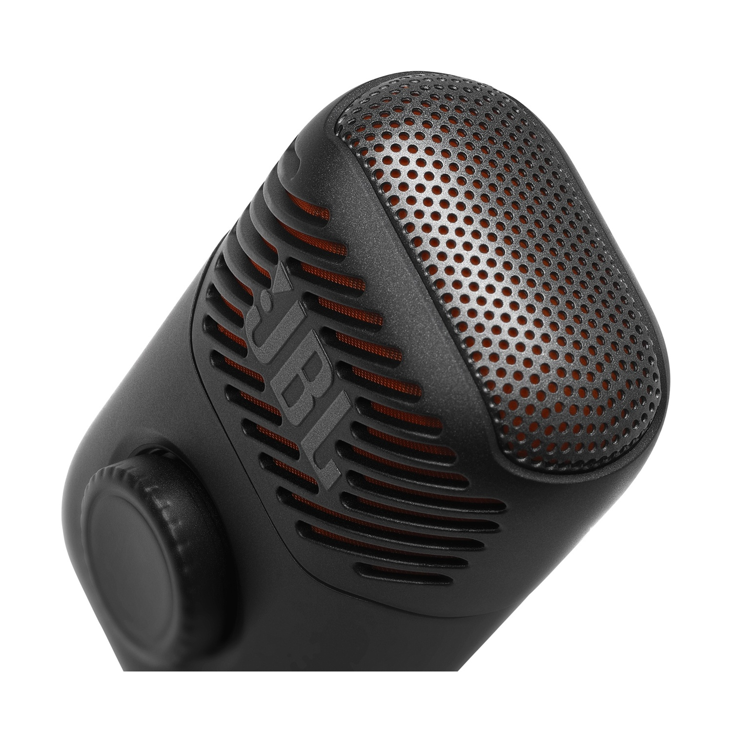 Microfono JBL nero con griglia arancione e manopola di controllo.