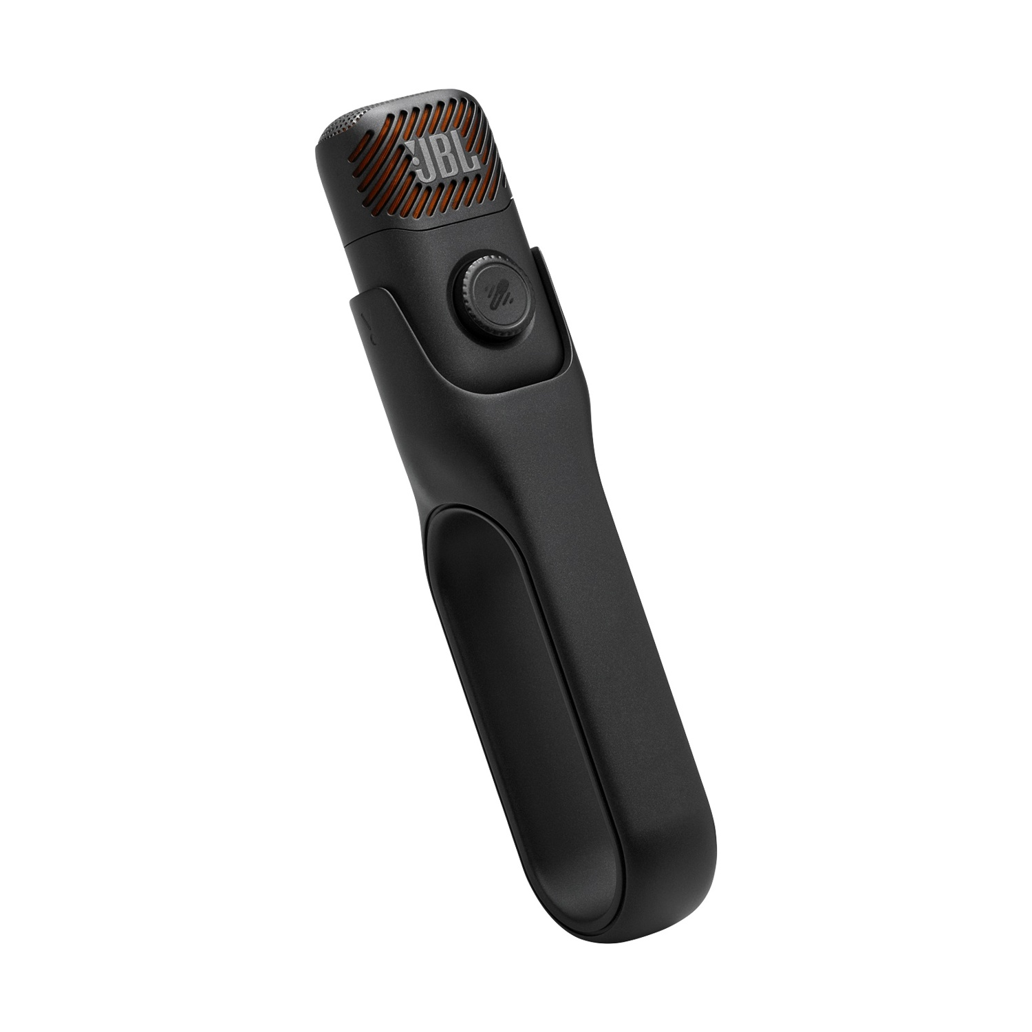 Microfono JBL nero con accenti arancioni, su sfondo bianco.