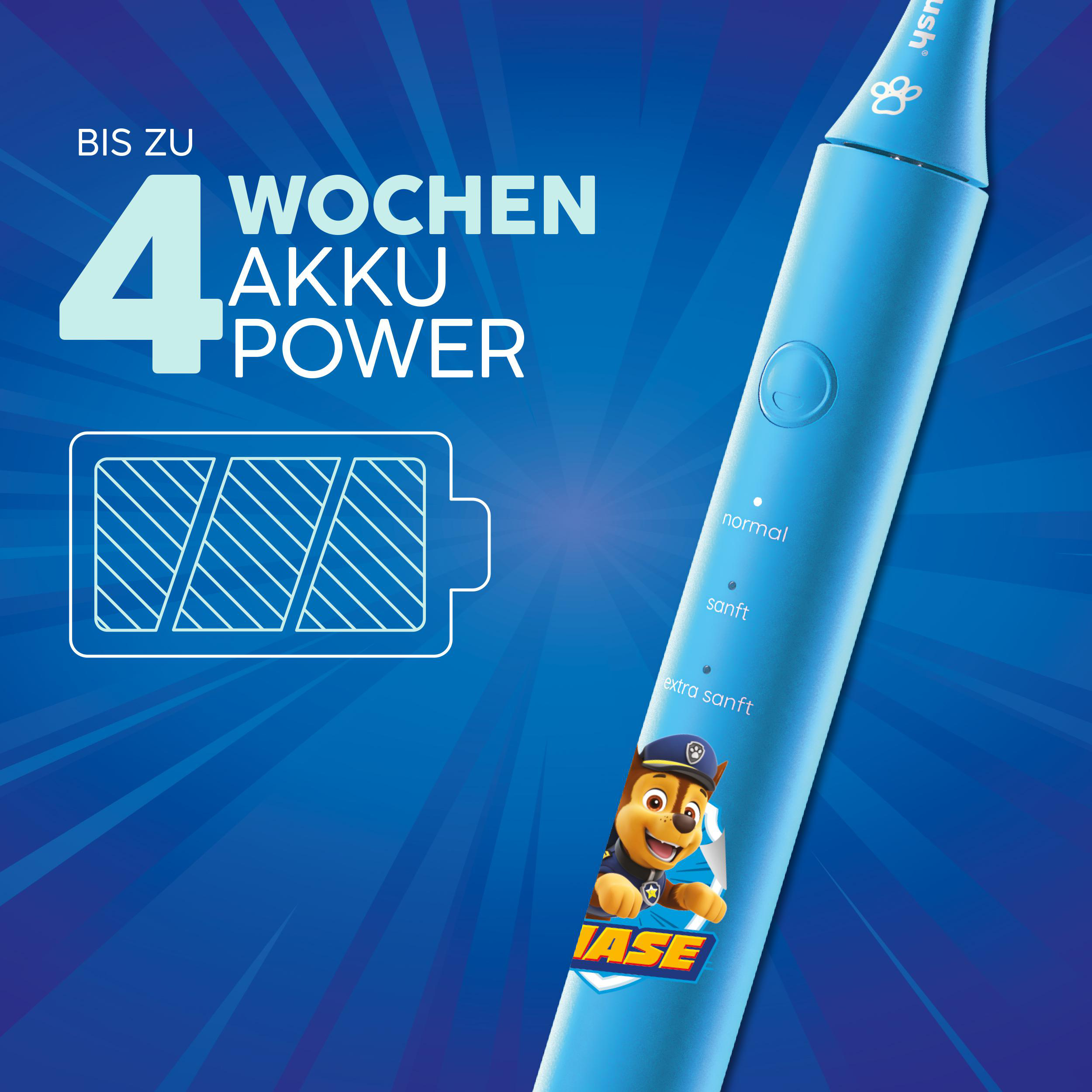 Blaue Zahnbürste mit Paw Patrol-Figur und Akku-Symbol.