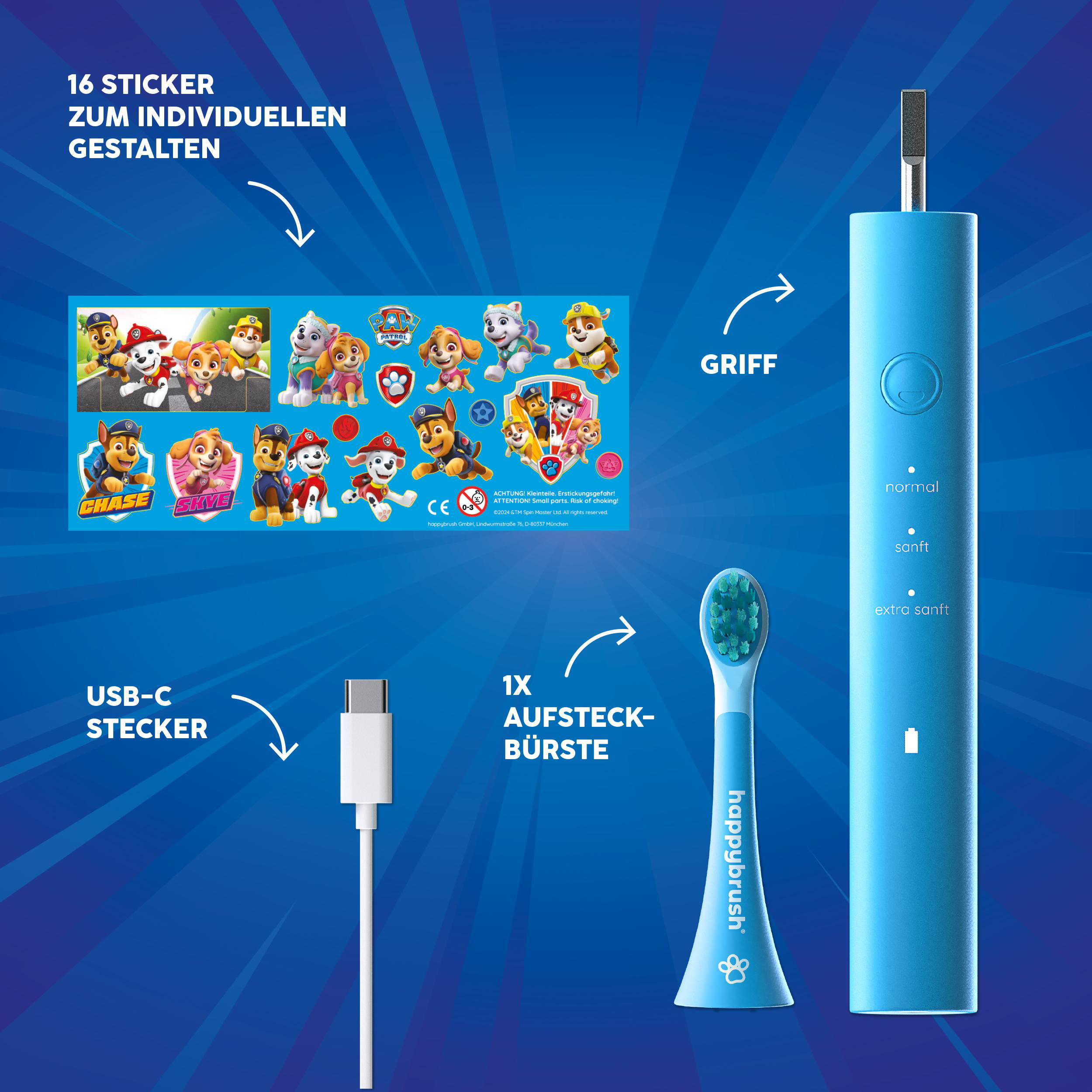 Blaue Zahnbürste mit Aufsatz, USB-C-Kabel und Paw Patrol-Aufklebern.