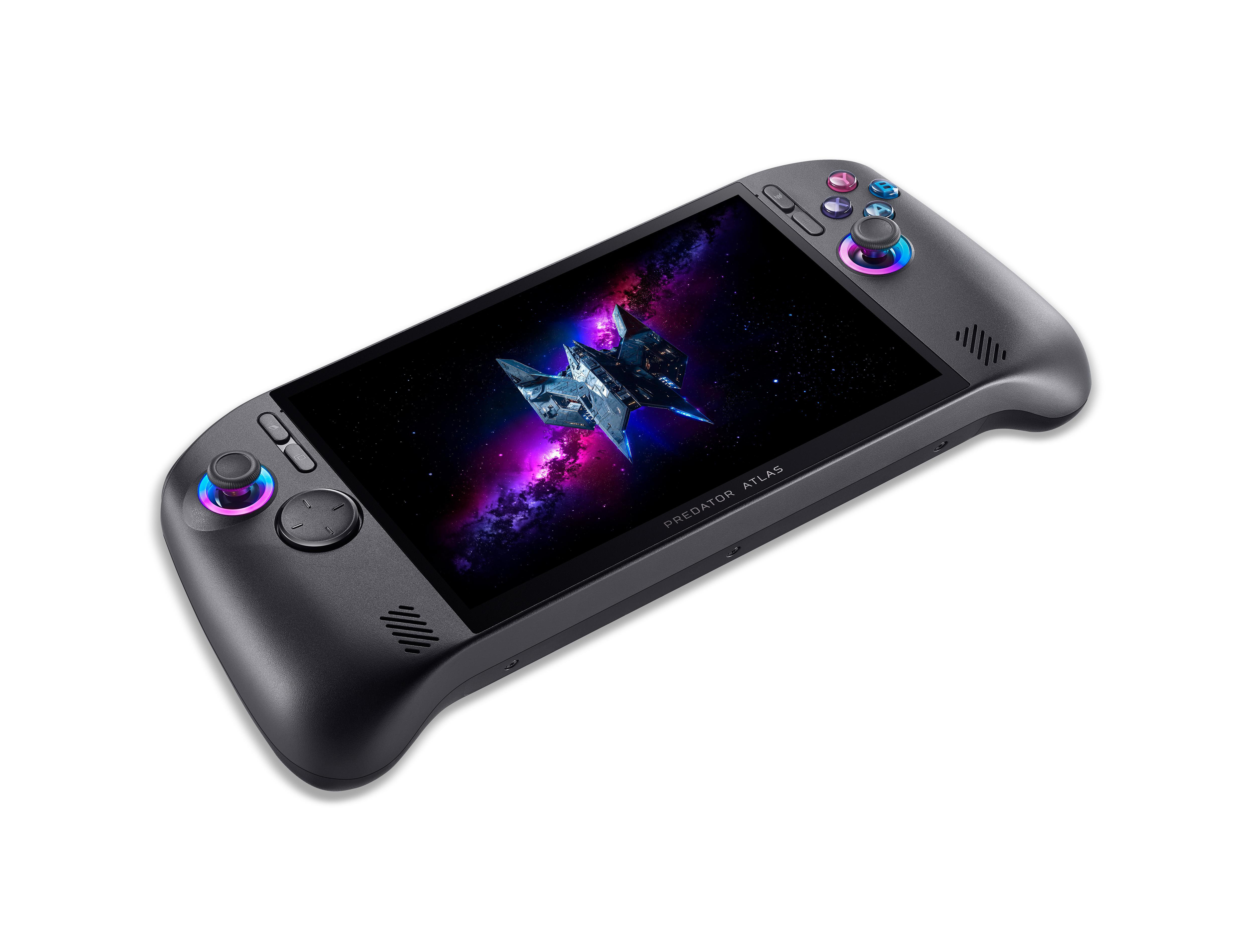 Ein dunkles Handheld-Gaming-Gerät mit einem Weltraum-Hintergrund auf dem Bildschirm.