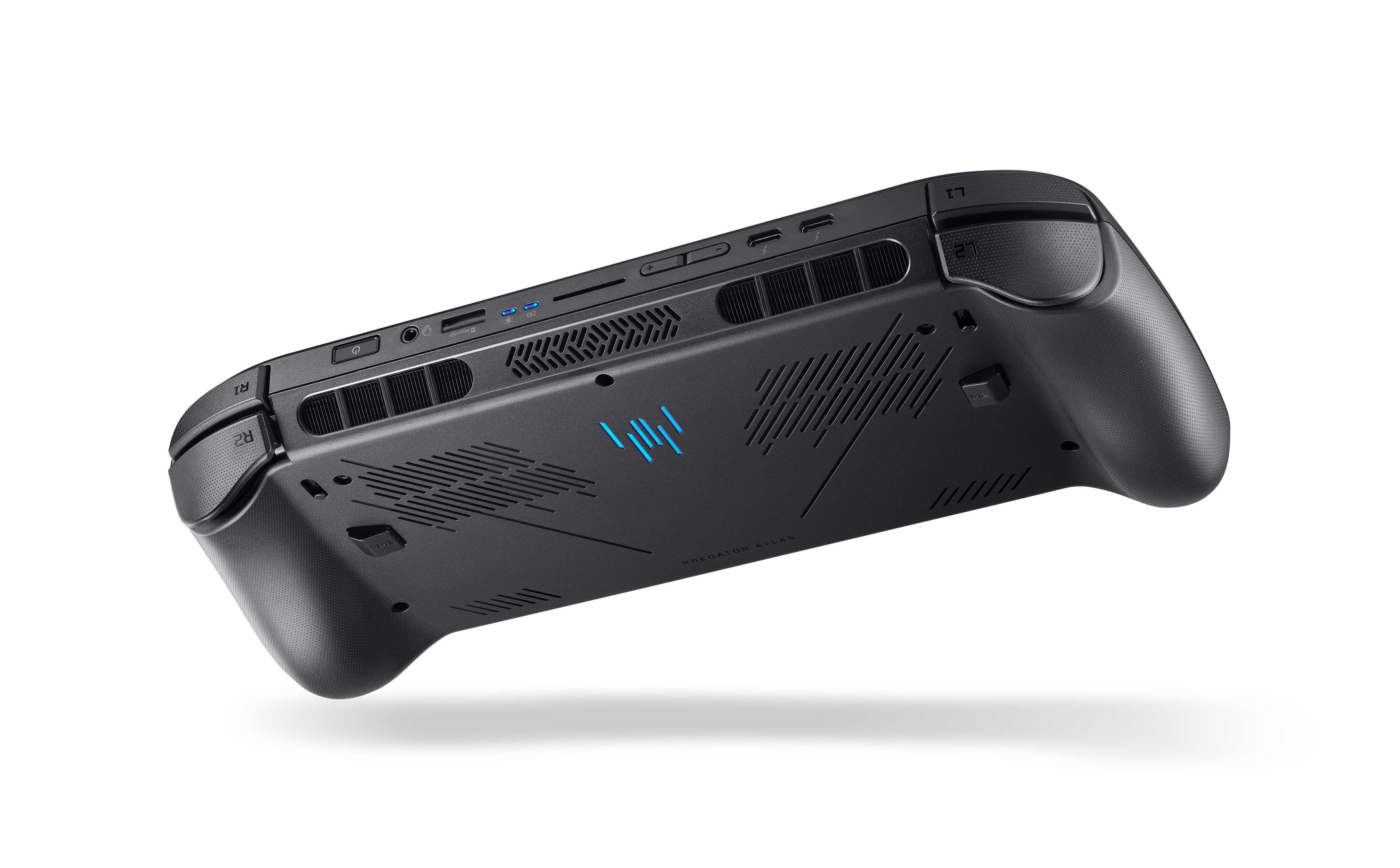 Ein schwarzes Handheld-Ger ät mit blauen Akzenten und Tasten.