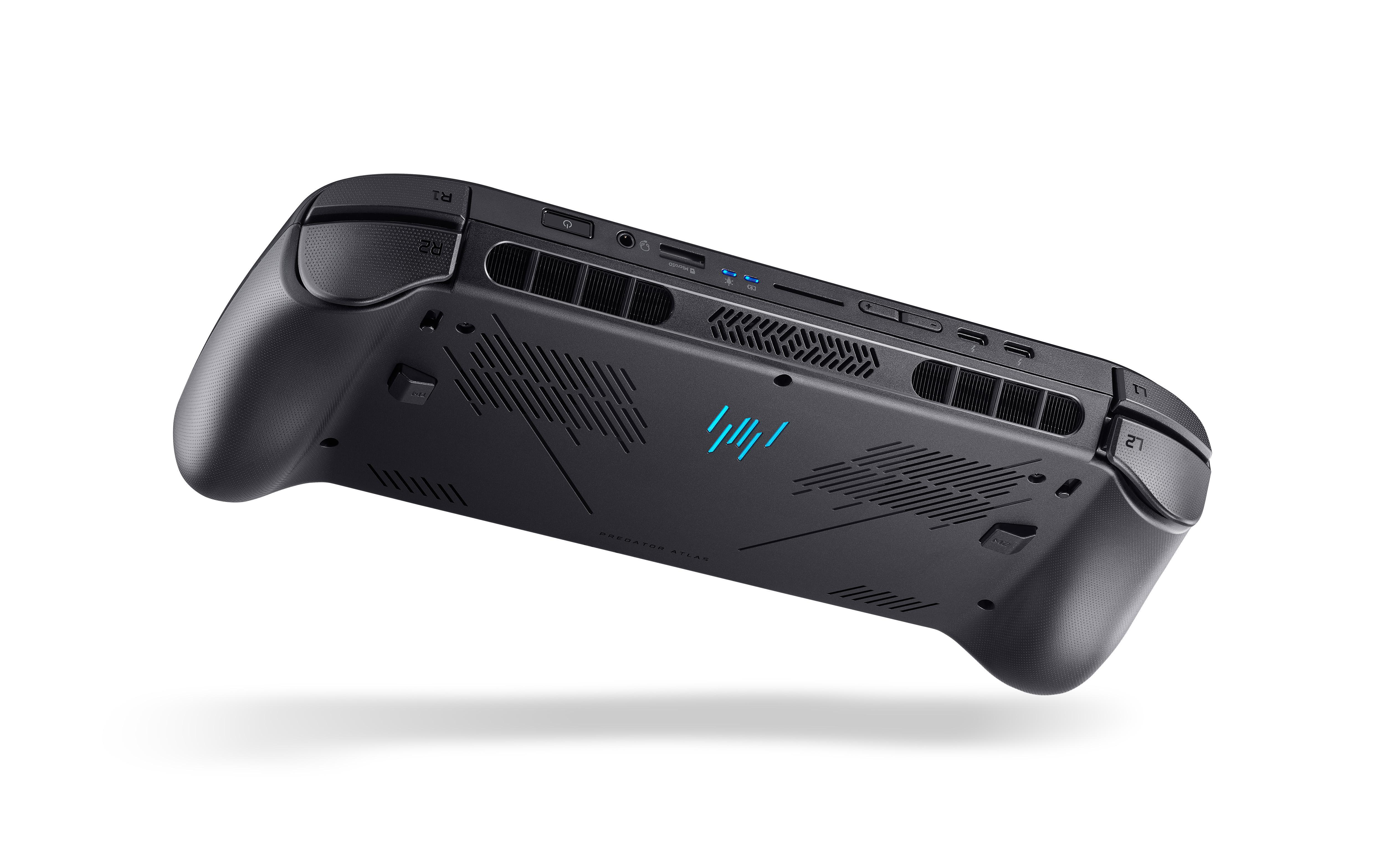 Schwarzer Handheld-PC mit Lüftungsschlitzen, Anschlüssen und blauem Logo.
