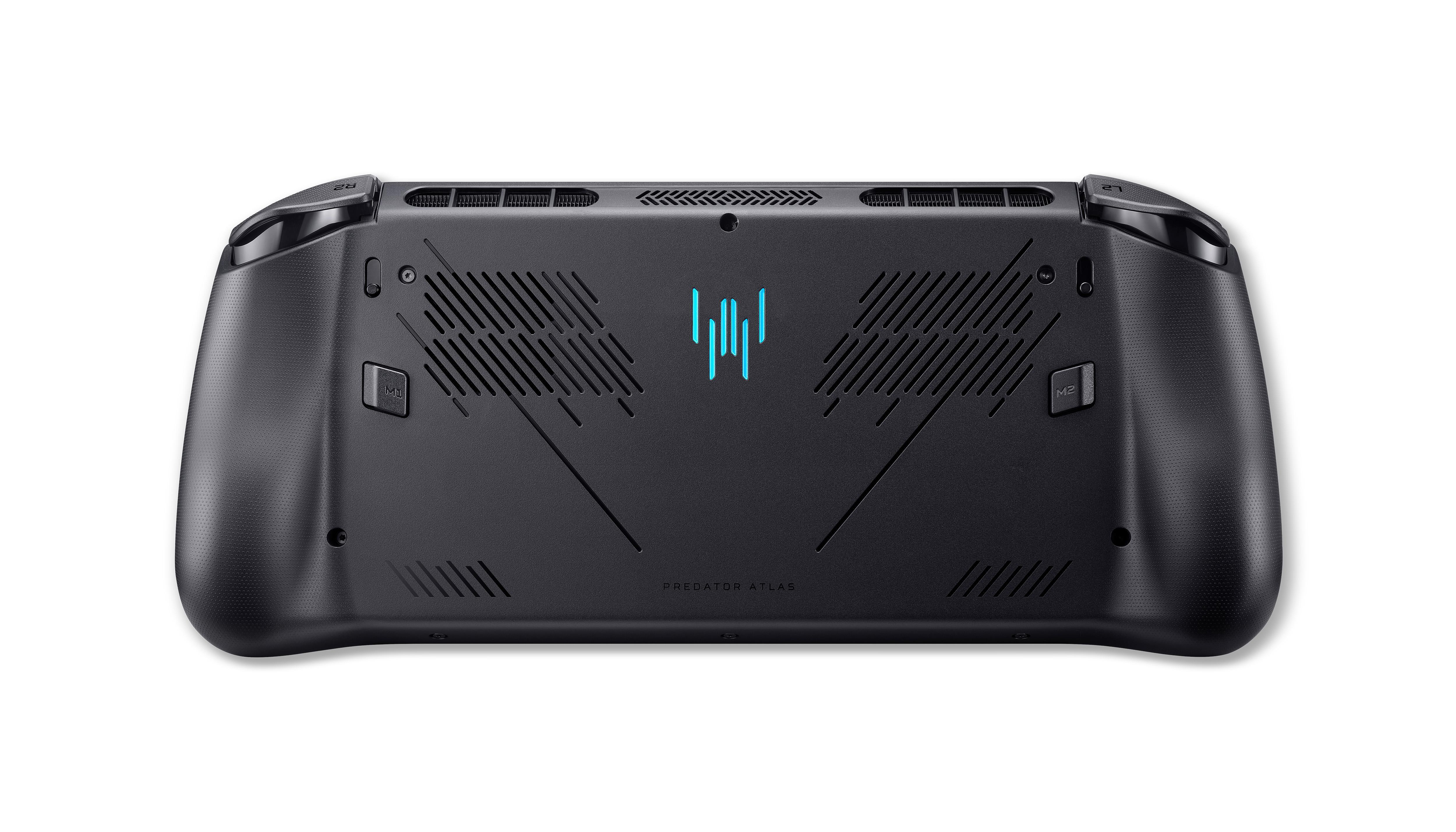 Schwarzer Gaming-Controller mit blauen Akzenten und Lüftungsschlitzen.