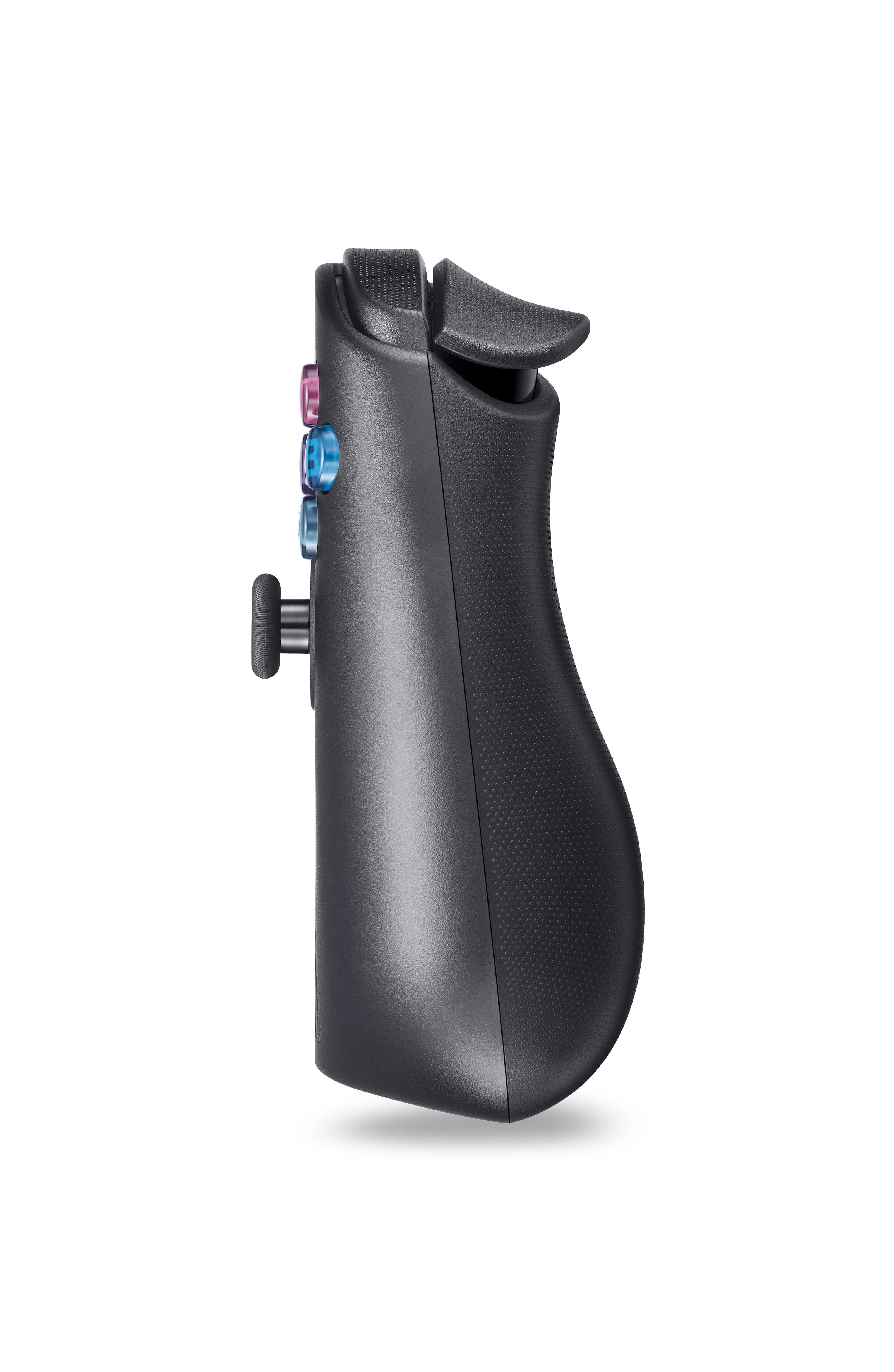 Eine schwarze Gaming-Controller-Seitenansicht mit blauen und pinken Knöpfen.