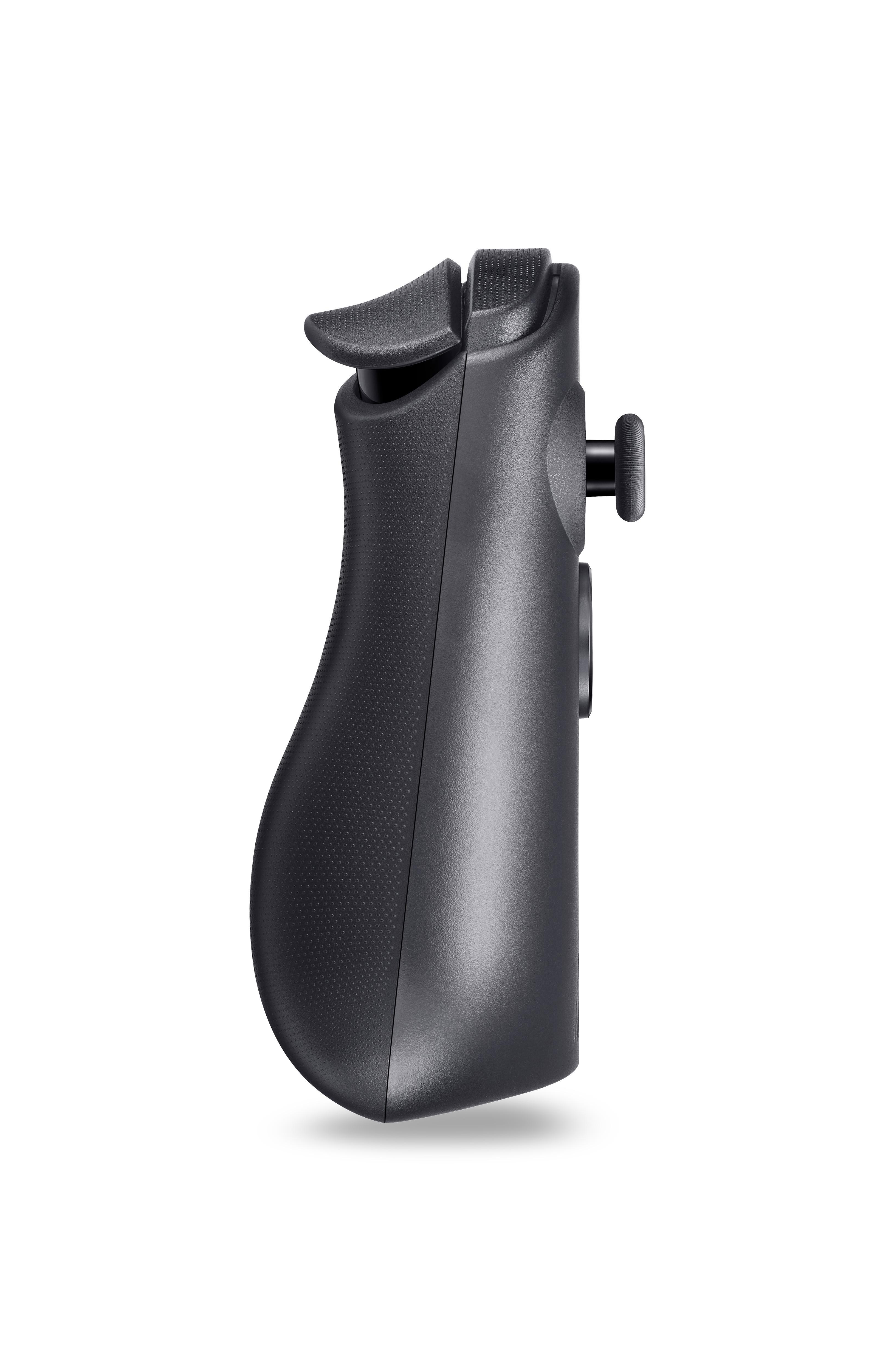 Schwarzer Gamecontroller-Griff mit Rändelknopf und Tasten, auf weißem Hintergrund.