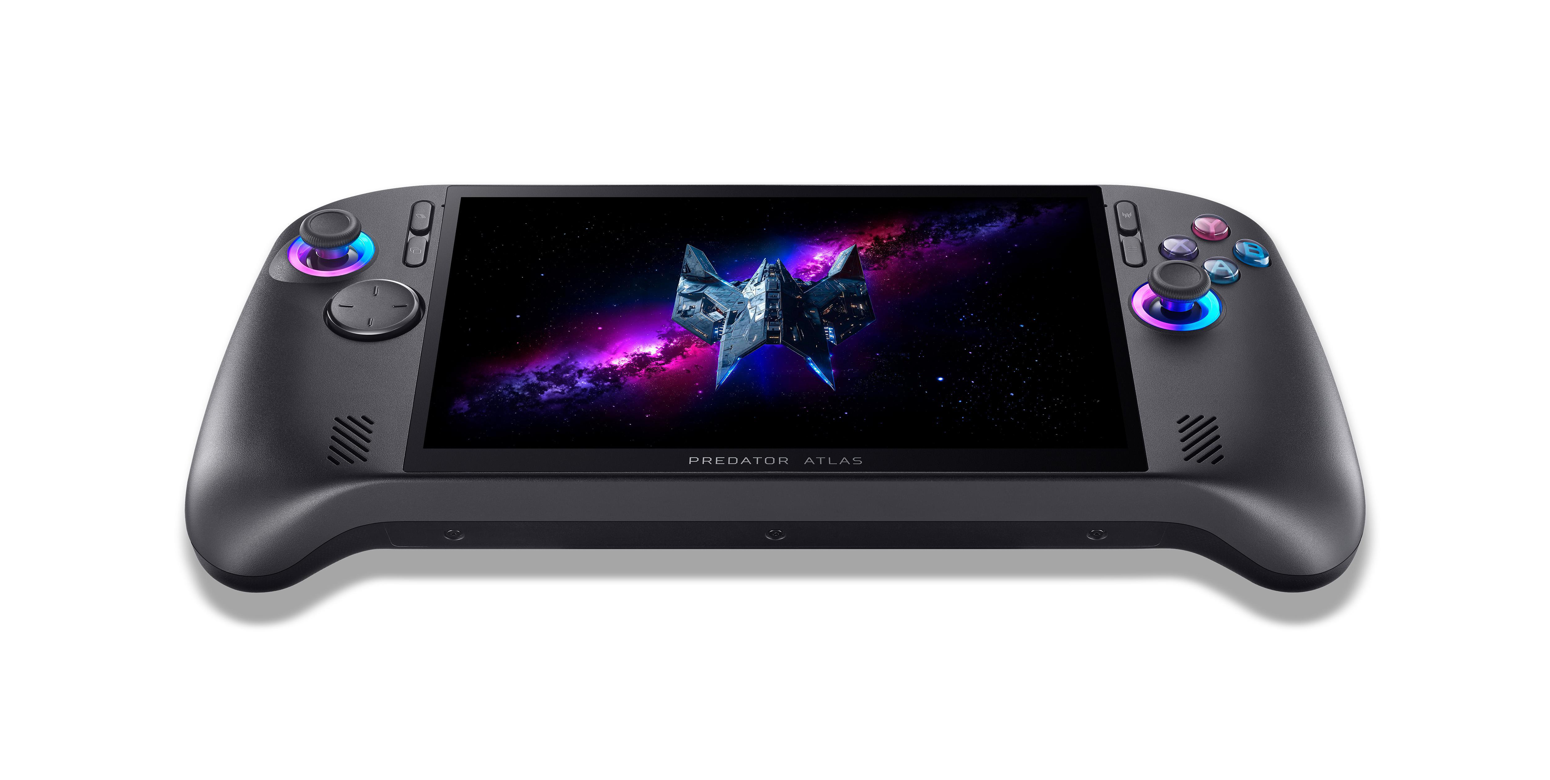 Ein schwarzes Handheld-Gaming-Gerät mit blau beleuchteten Joysticks und einem Weltraumhintergrund.