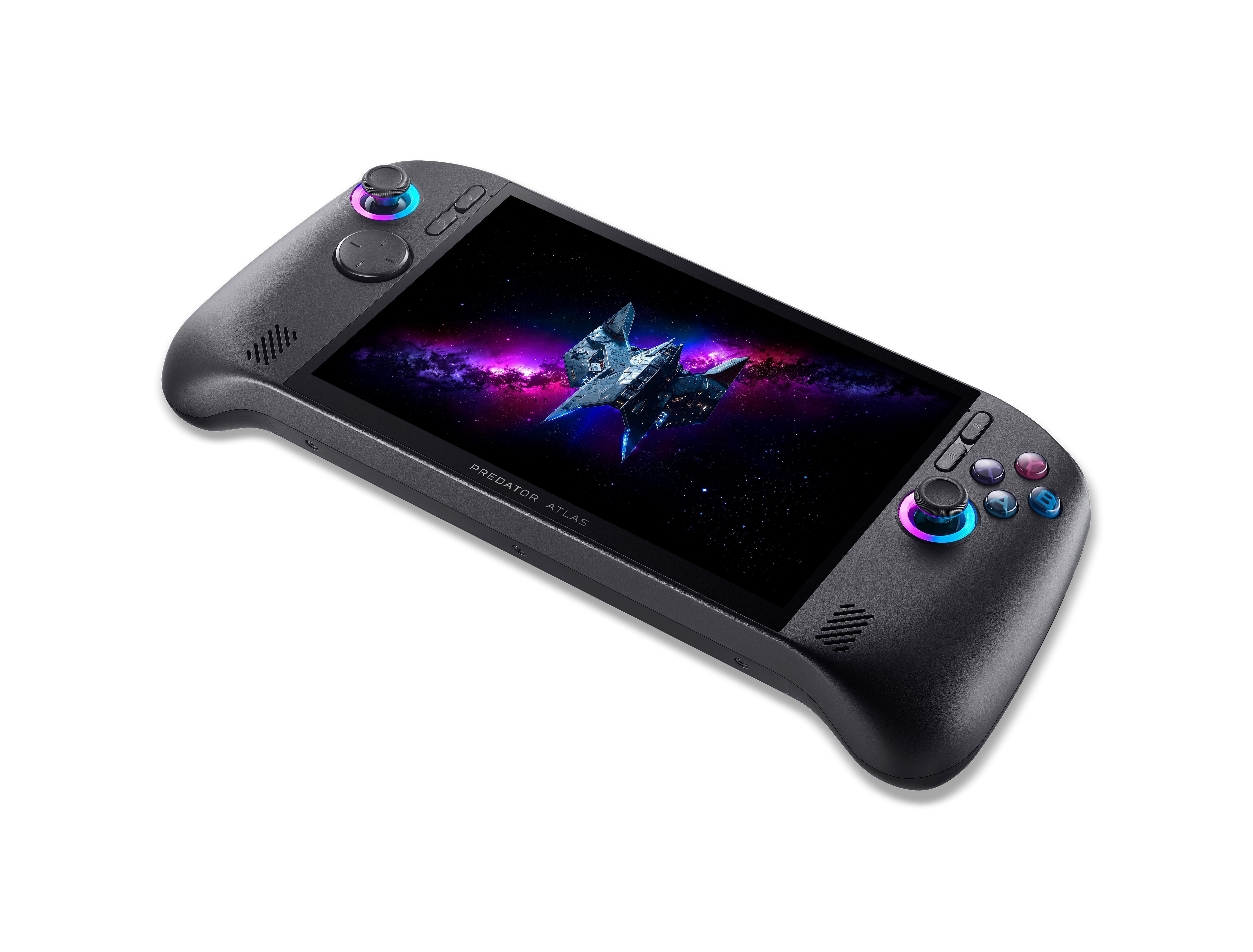 Ein schwarzes Handheld-Gerät mit einem Weltraum-Schiff-Bildschirm und bunten Steuerknöpfen.