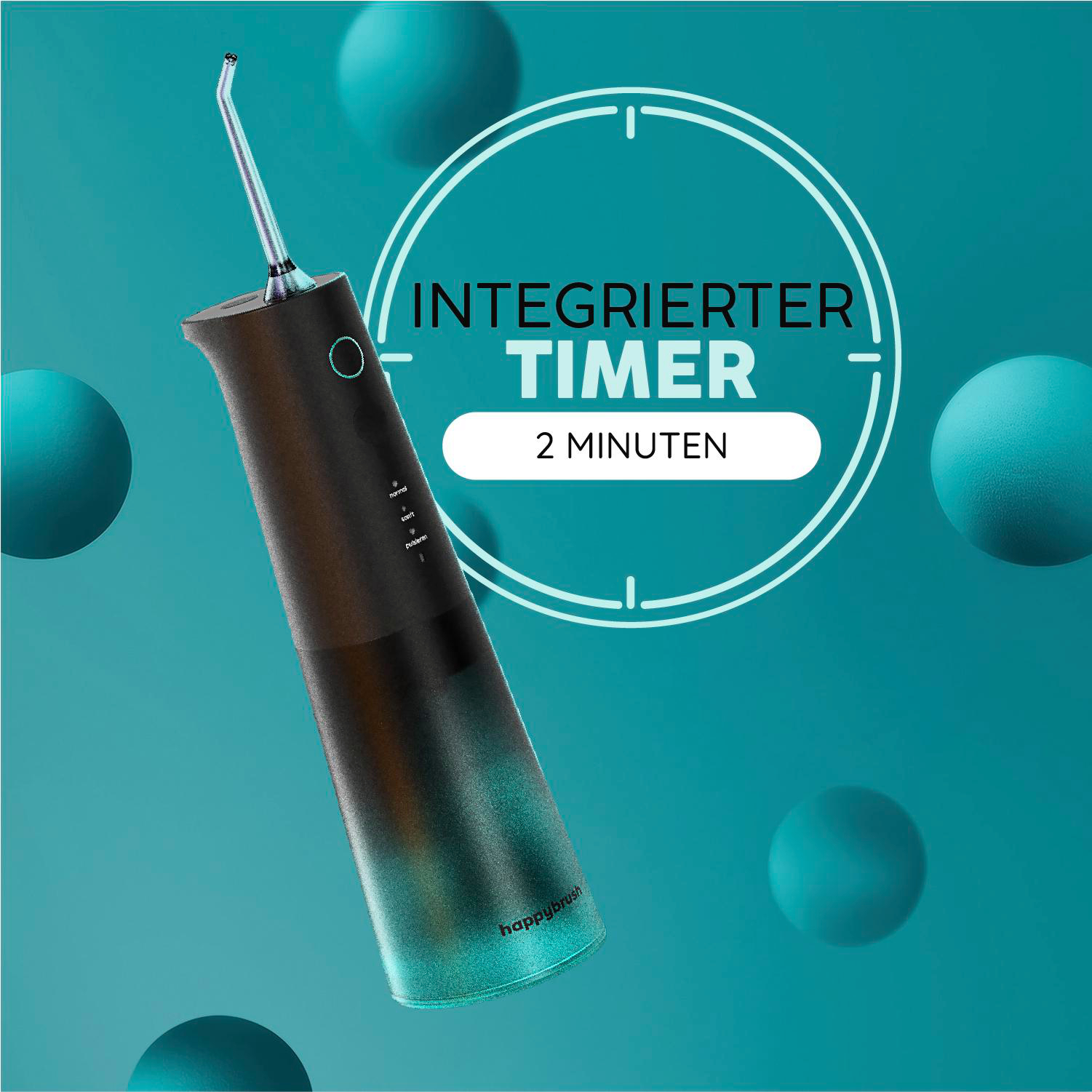 Ein schwarzer Mundduschen mit integriertem Timer, der auf 2 Minuten eingestellt ist.