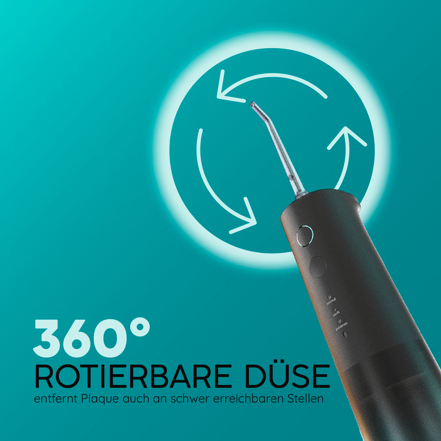 Ein schwarzer Mundduschenkopf mit rotierenden Pfeilen über blauem Hintergrund.