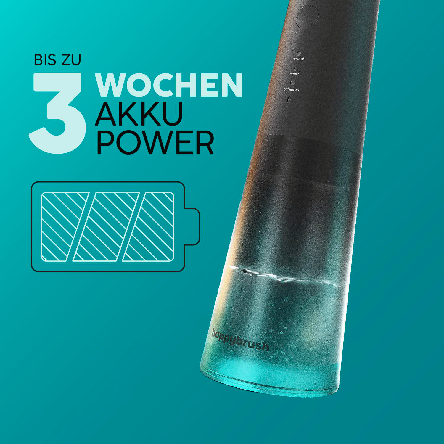 Zahnbürste mit 3 Wochen Akku-Power und Ladestandsanzeige.