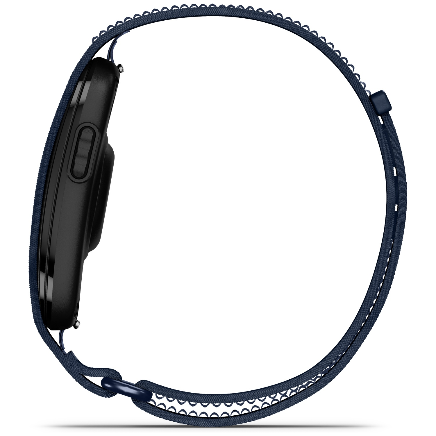 Zwarte smartwatch met blauwe stoffen band en zilveren sluiting.