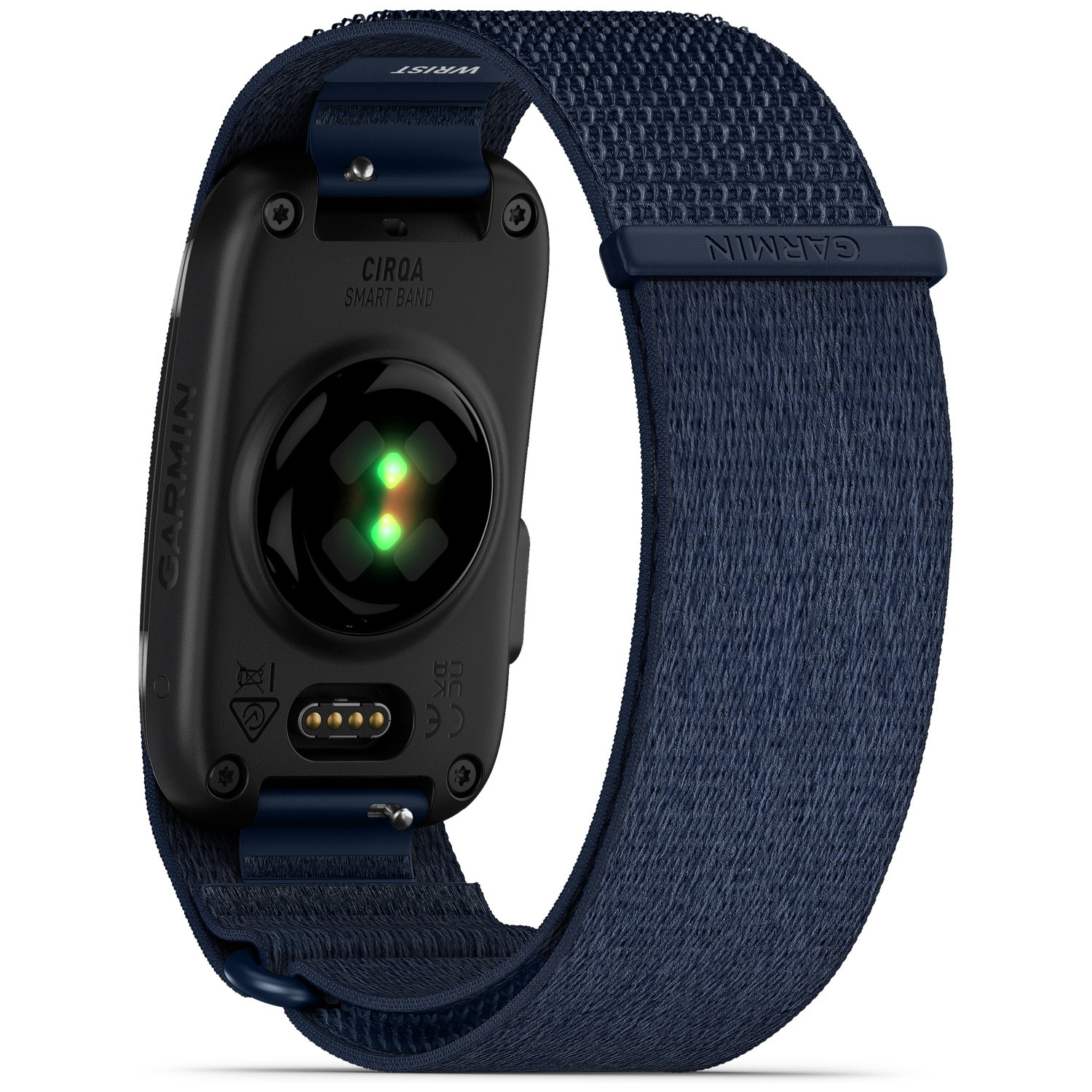 Een blauwe Garmin smartband met hartslagsensor en oplaadcontacten.