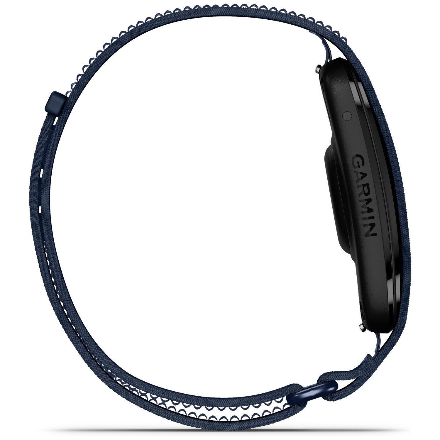 Zwart Garmin horloge met blauwe stoffen band en zilveren gesp.