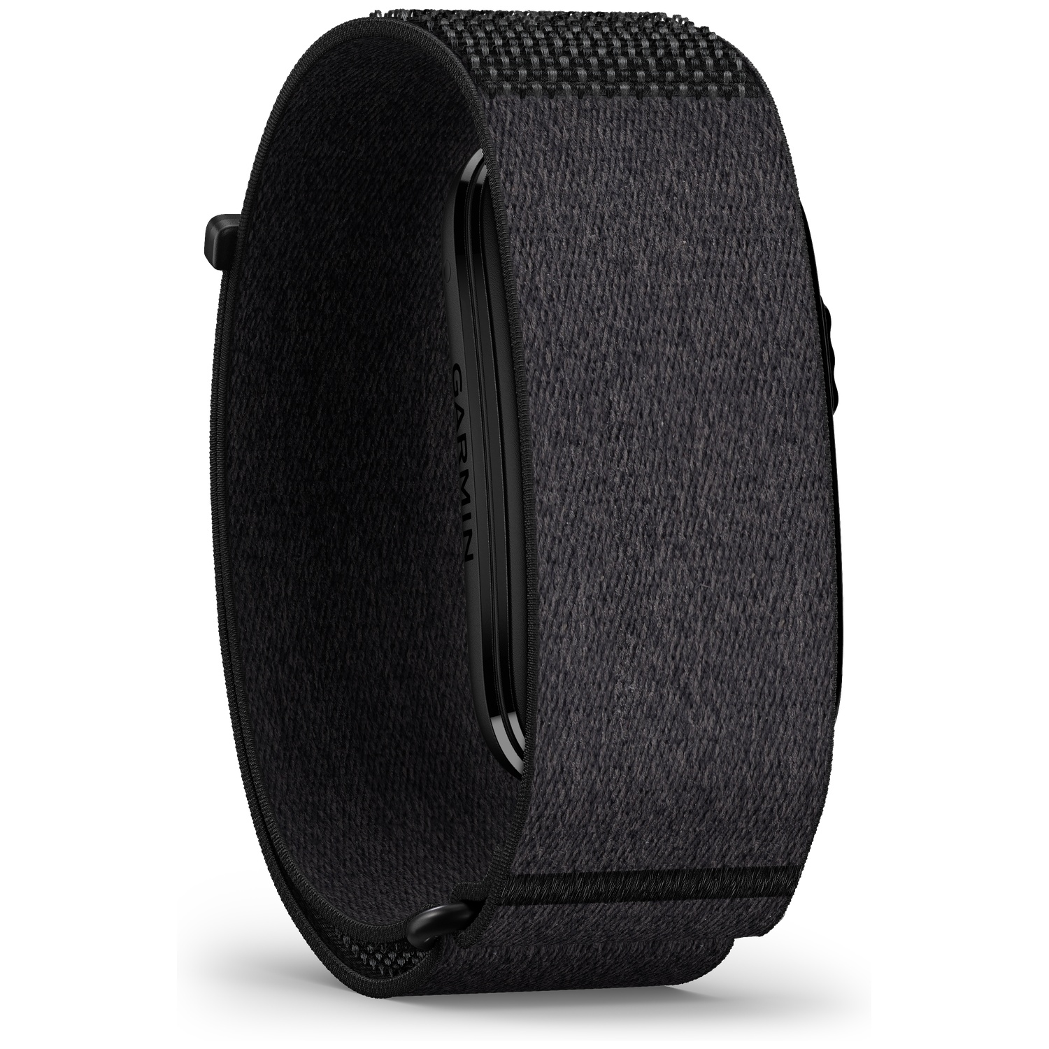 Een zwarte, getextureerde Garmin band op witte achtergrond.