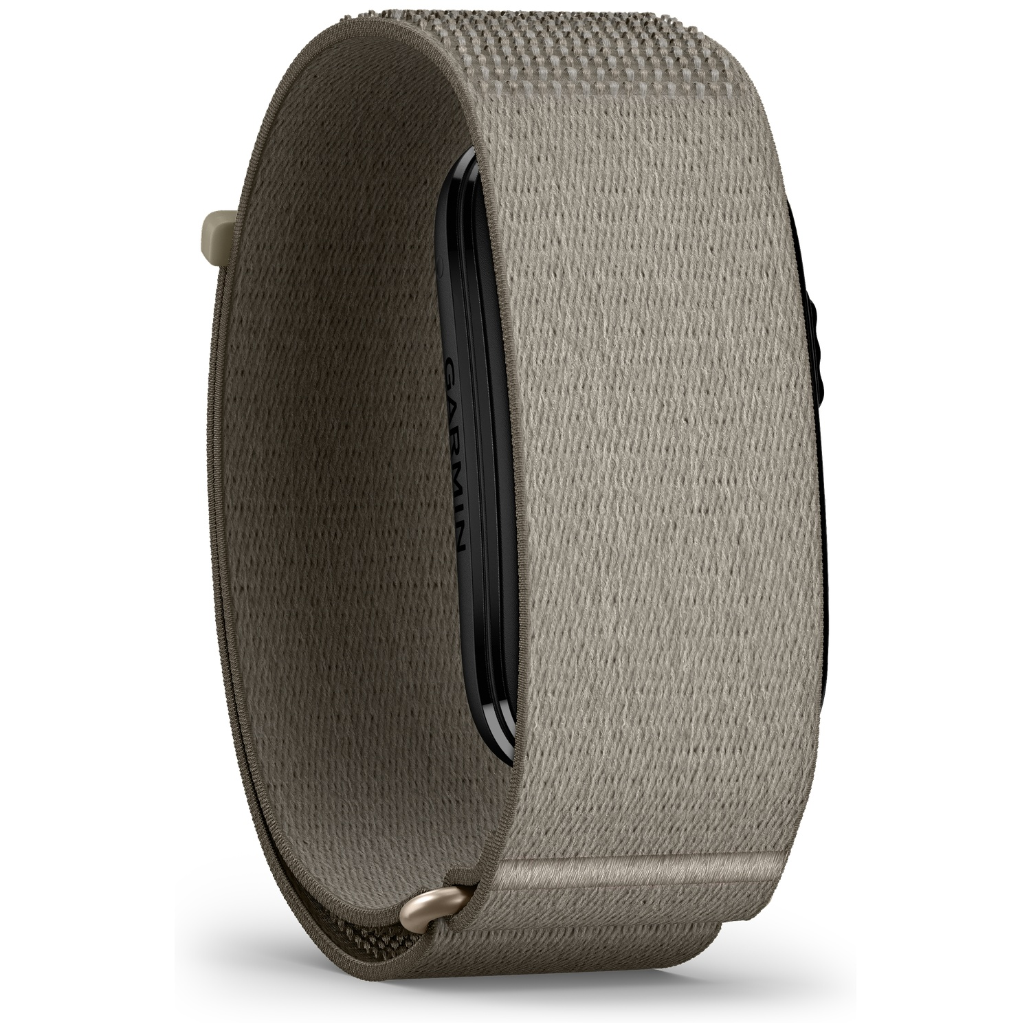 Een close-up van een Garmin horloge met een beige stoffen band. De band is gestructureerd.