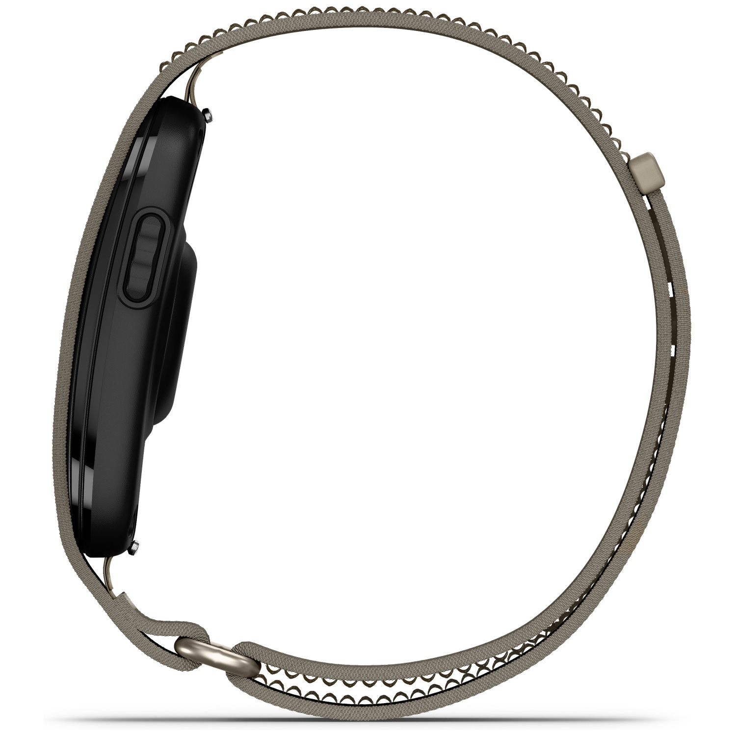 Zwarte smartwatch met grijze stoffen band, zijaanzicht.