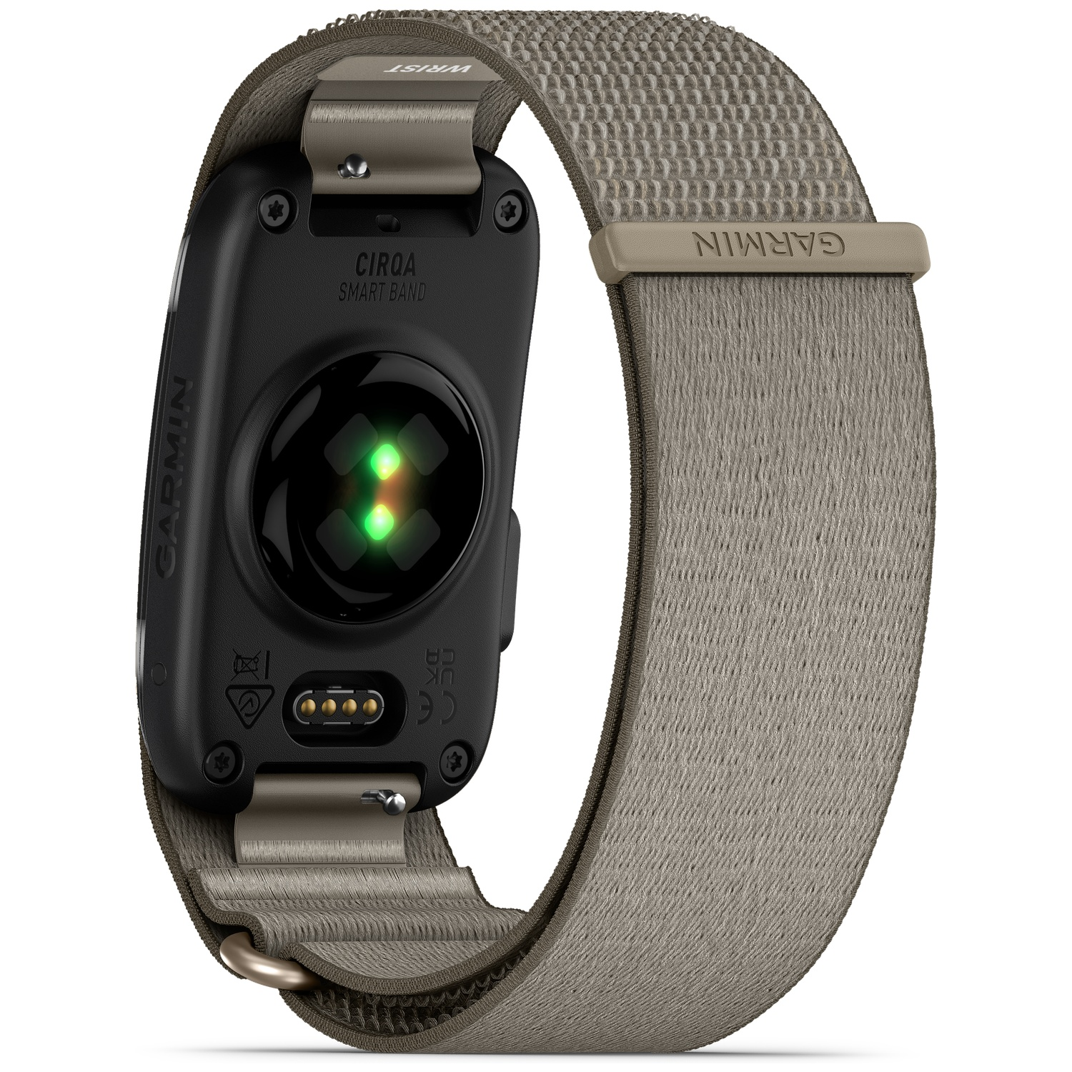 Close-up van de achterkant van een grijze Garmin smartwatch met hartslagsensor en stoffen band.