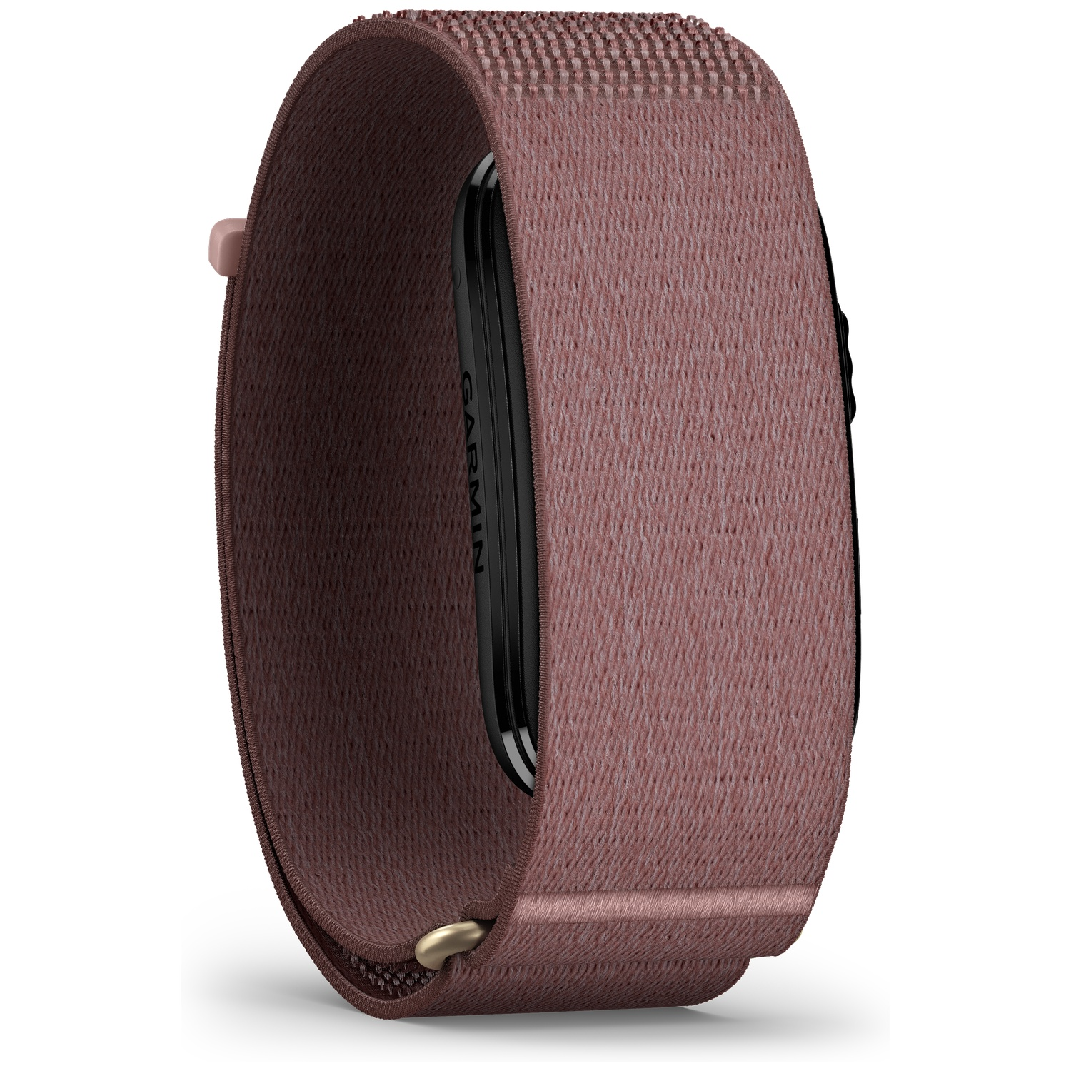 Een roze stoffen band voor een smartwatch met zwart display.
